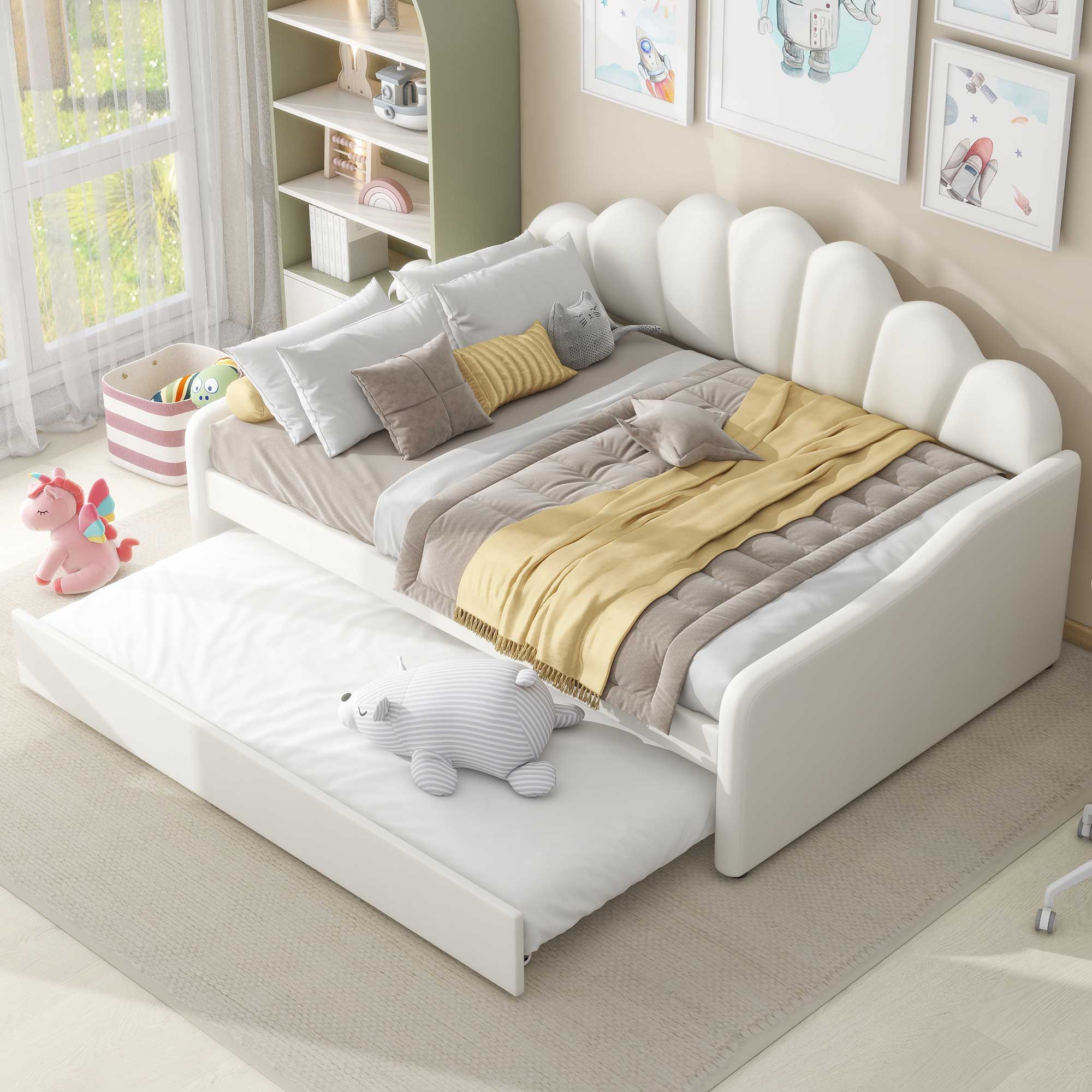 Upholstery Daybed Frame With Shell Shaped Backrest And Trundle
