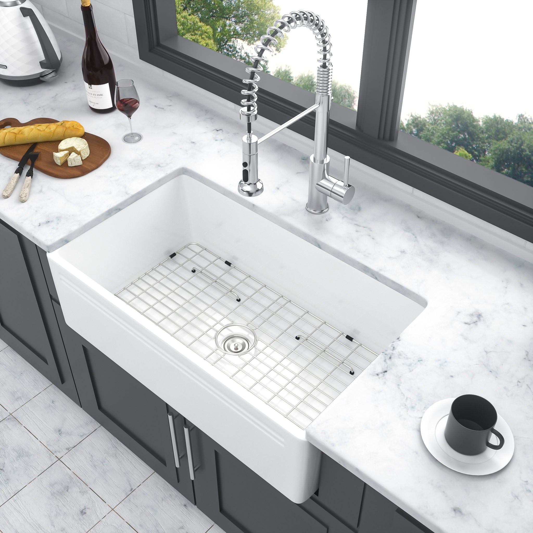 Sink 30" Apron Front Reversible Single Bowl Kitchen Sink With Grid And Strainer - White
