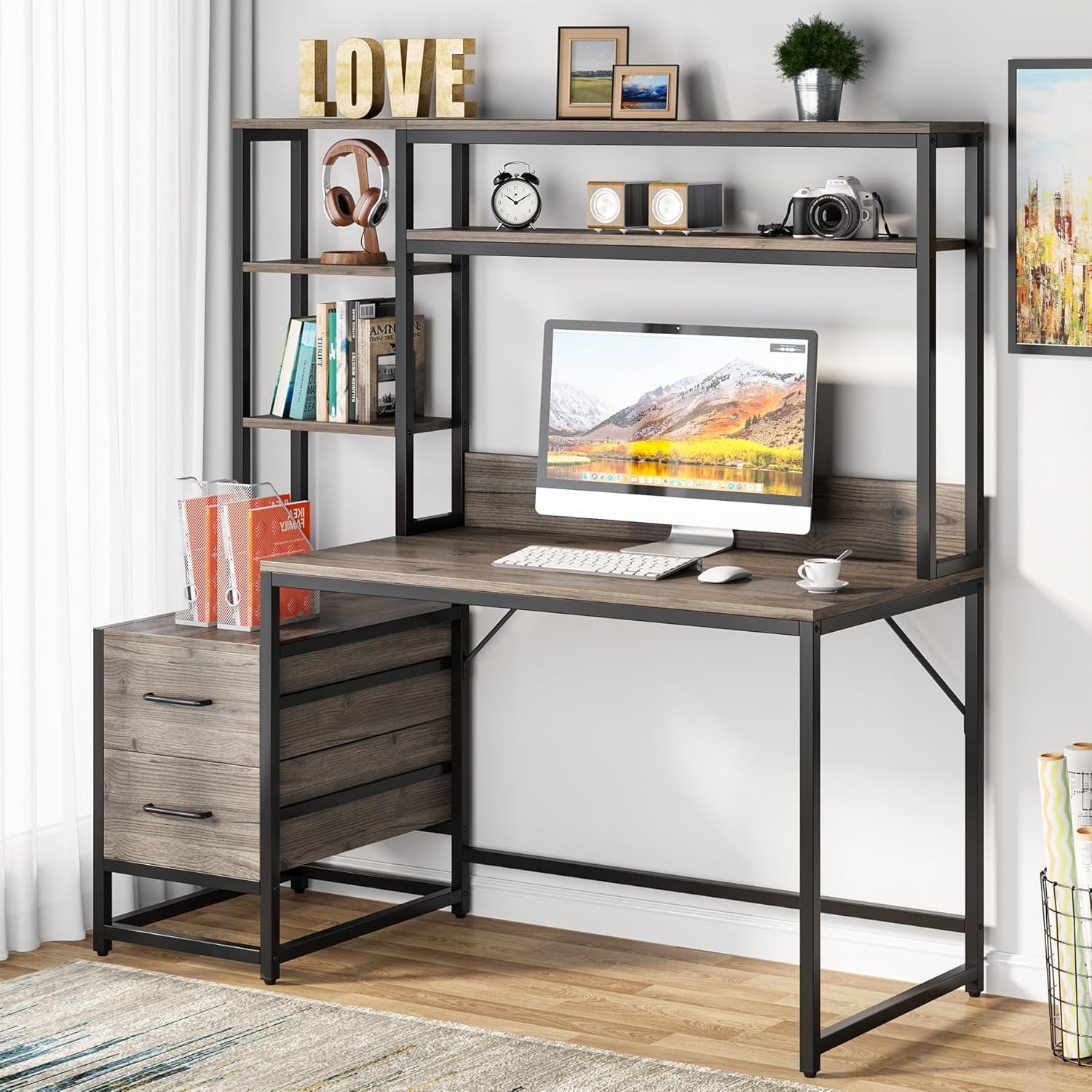 Computer Desk With Hutch, 2 Drawers & Open Shelves