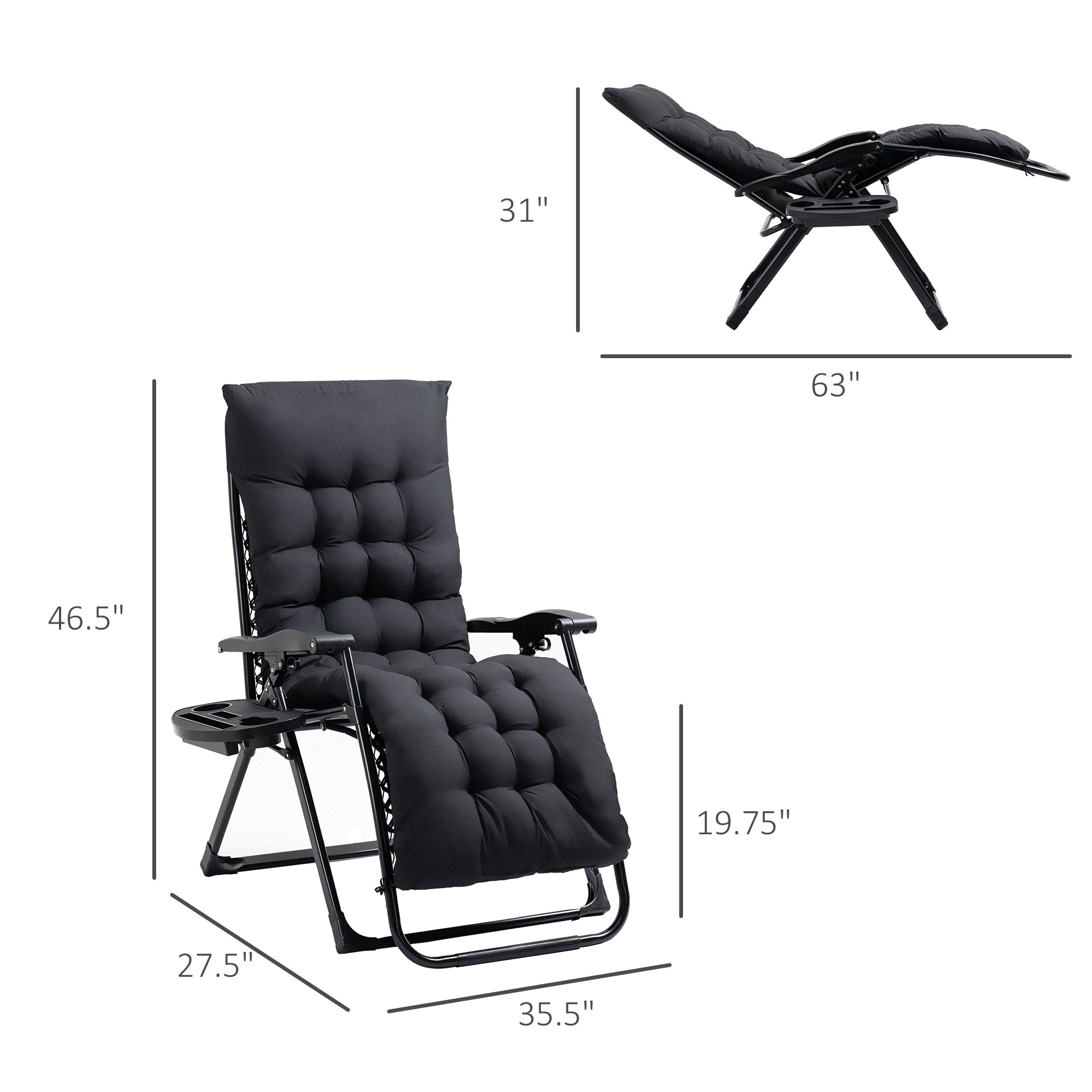 Zero gravity chair, reclining lounge chair with padded cushion -  Side Tray Black