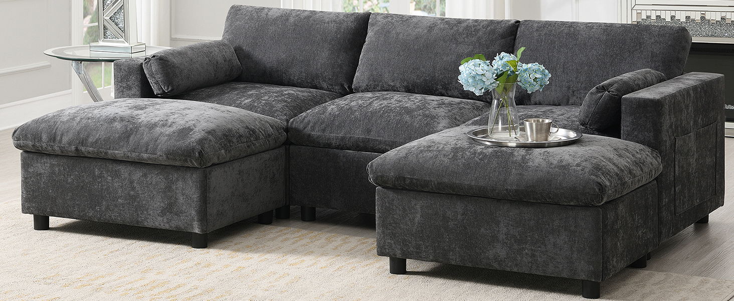 Modular Sectional With Storage Pockets, 5 Seat U Shaped Couch Set With Pillows, Free Combination Modern Cloud Sofa With 2 Movable Ottoman