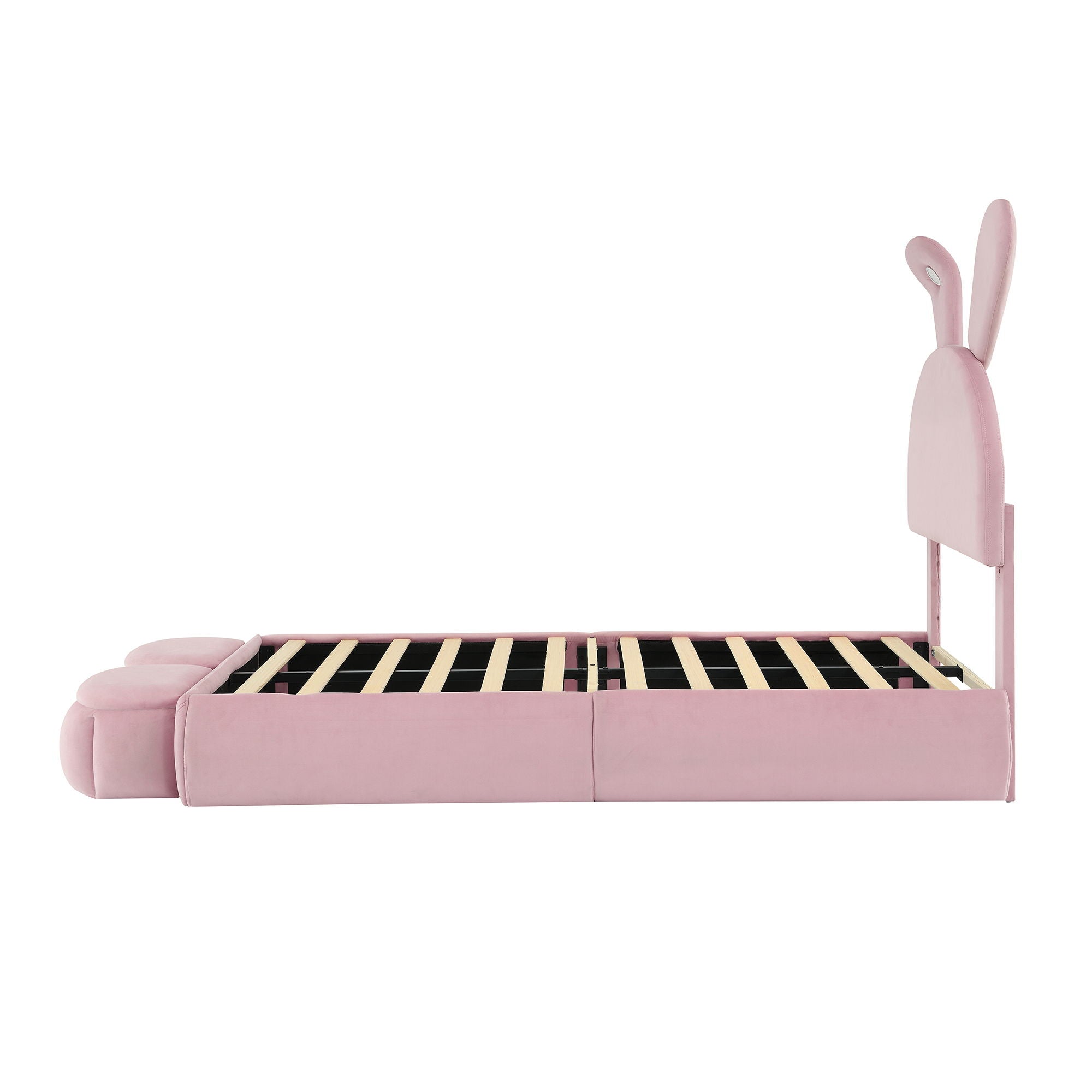Upholstered Platform Bed With Cartoon Ears Shaped Headboard And LED Light