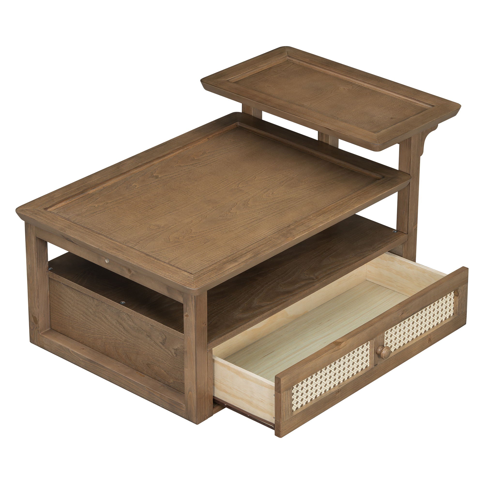 Coffee Table With 1 Storage Shelf, 2 Tabletops And 1 Rattan Drawer