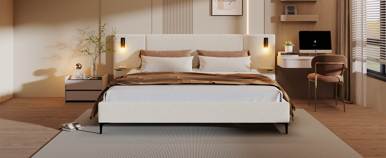Chic Boucle Upholstered Bed with Integrated Lights and Shelves, White, King - Best Buy Furniture