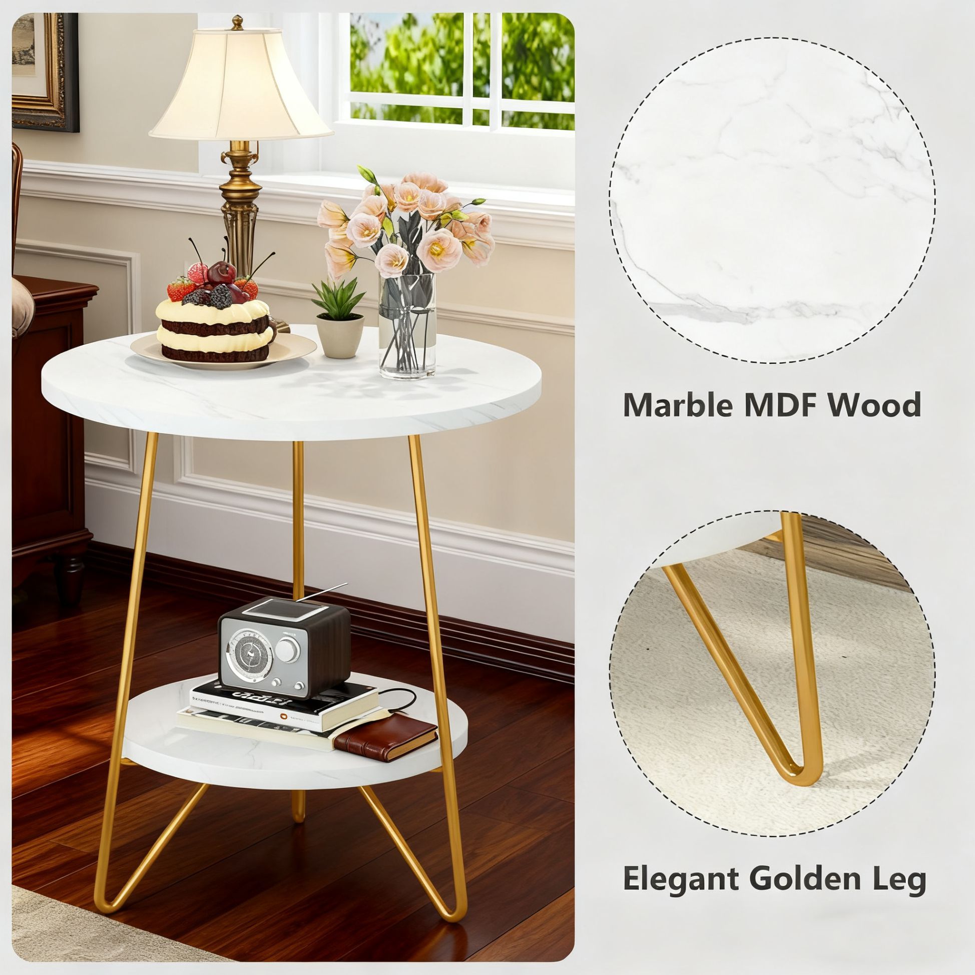 Round End Table With Hairpin Legs, 2 Tier For Living Room - White / Gold