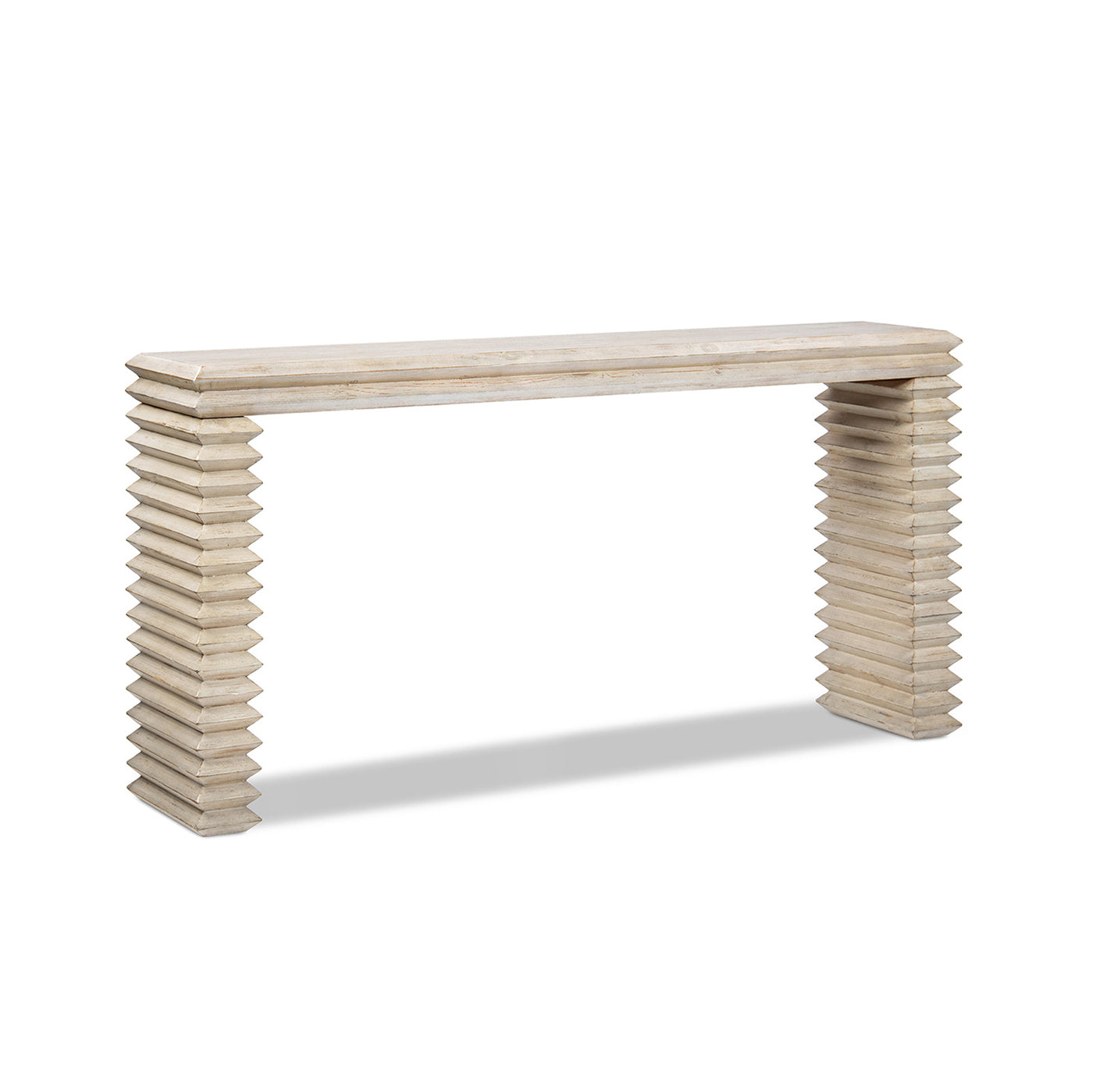 Veda 63' Reclaimed Wood Stacked Geometric Waterfall Console Table, Whitewashed Natural Reclaimed Pine Wood