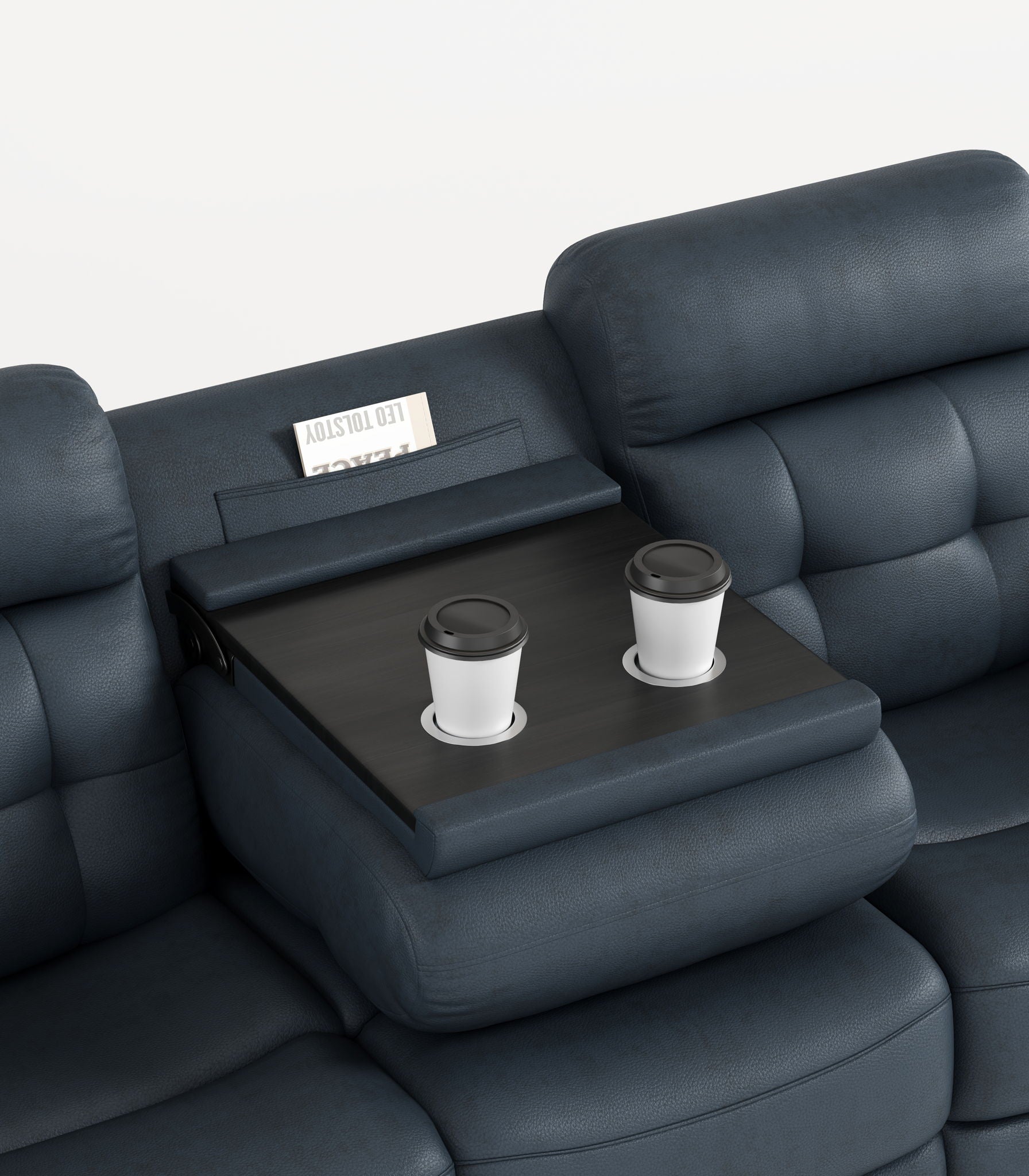 Genuine Leather Non Power Reclining Sofa With Drop Down Table, Stainless Steel Cupholders And Magazine Bag