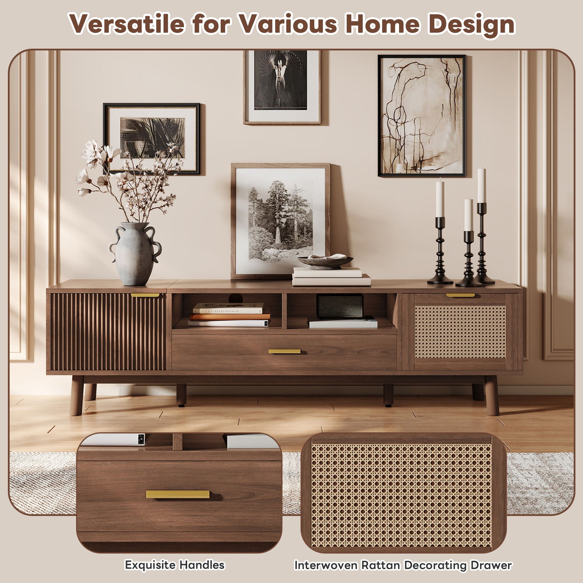 TV Stand For 75" TVs With Soft Closing Doors, Console With Accents And Drop Down Cabinet - Dark Brown