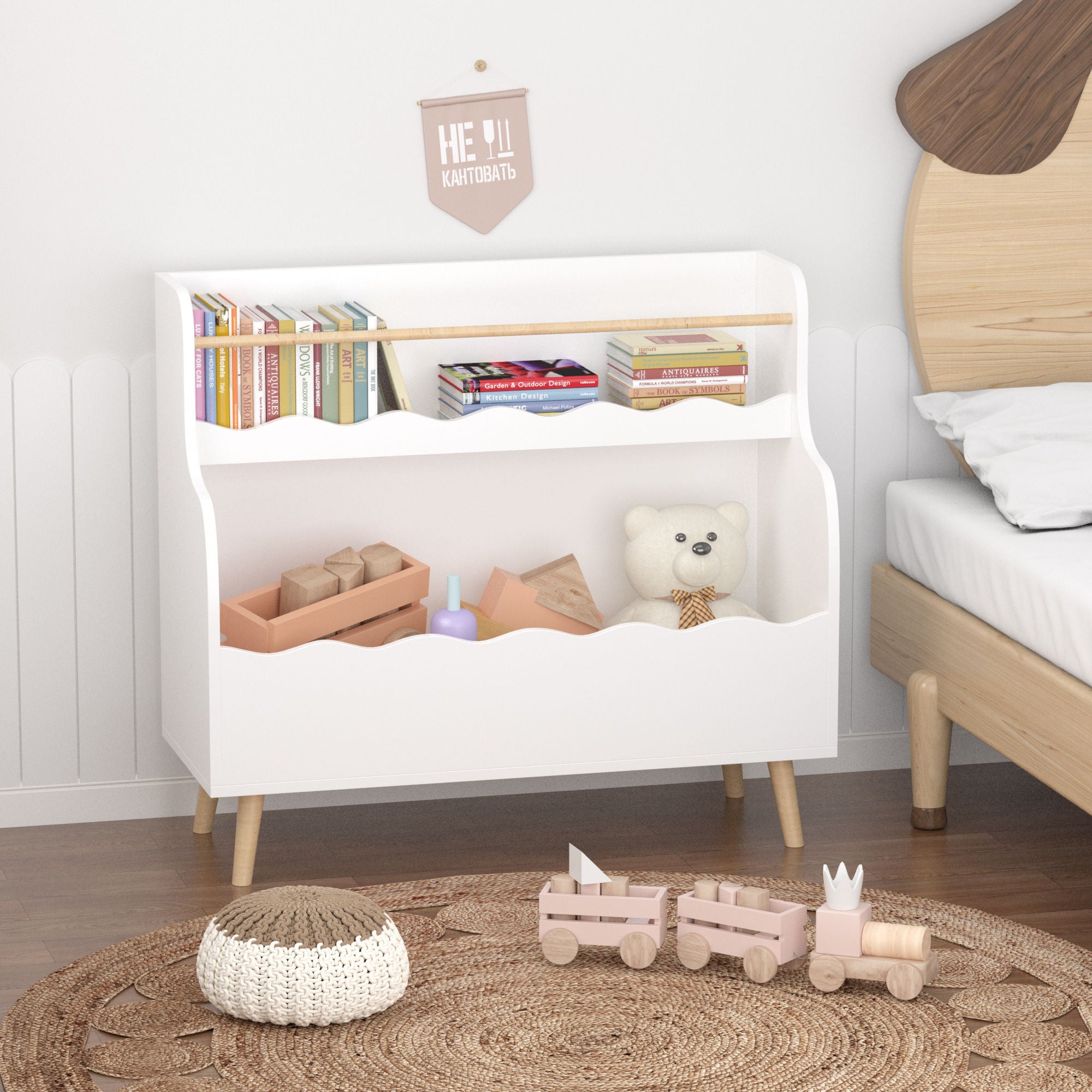 Kids Bookcase, Children Book Organizer Toy Storage Cabinet - White