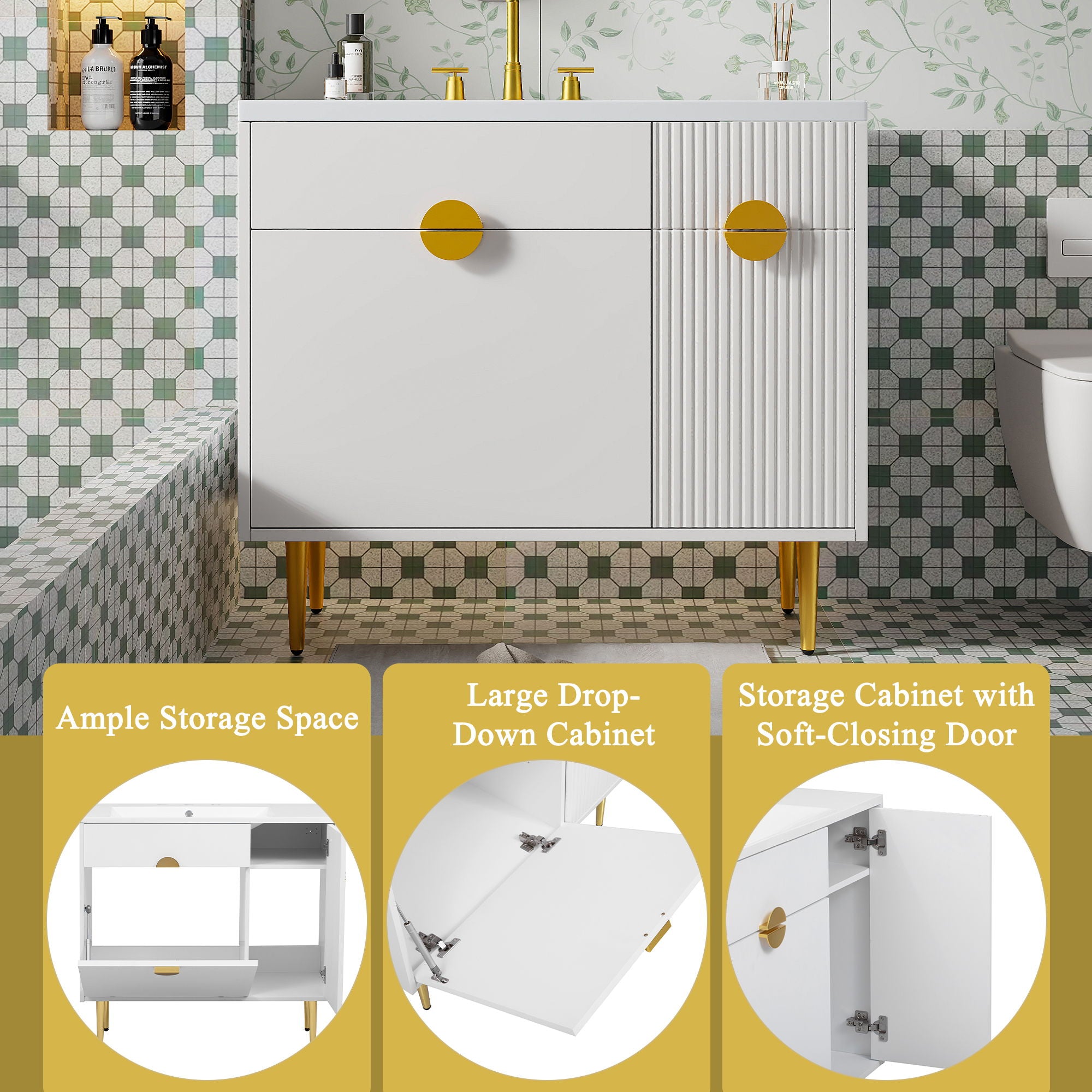 Bathroom Vanity With Sink, Storage Cabinet Soft Closing Door And Drop Down Compartment - White