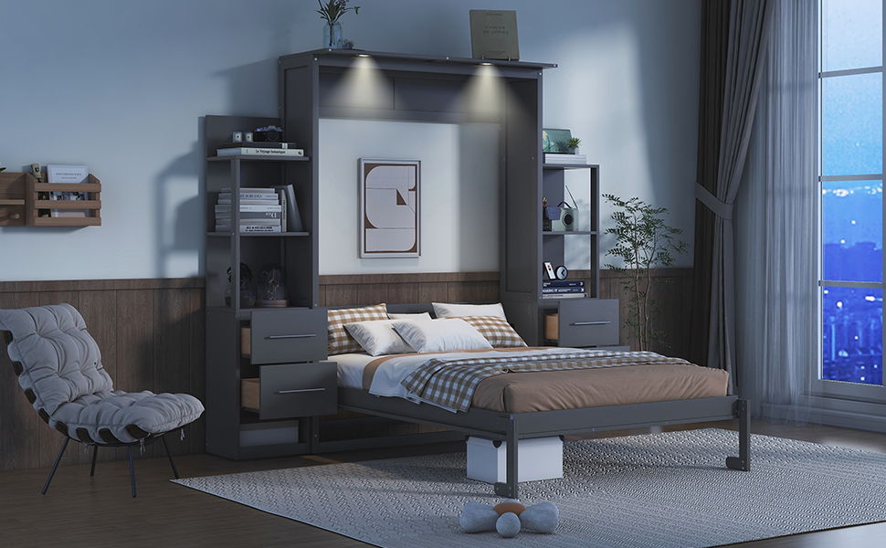 Murphy Wall Bed With Shelves, Drawers And LED Lights