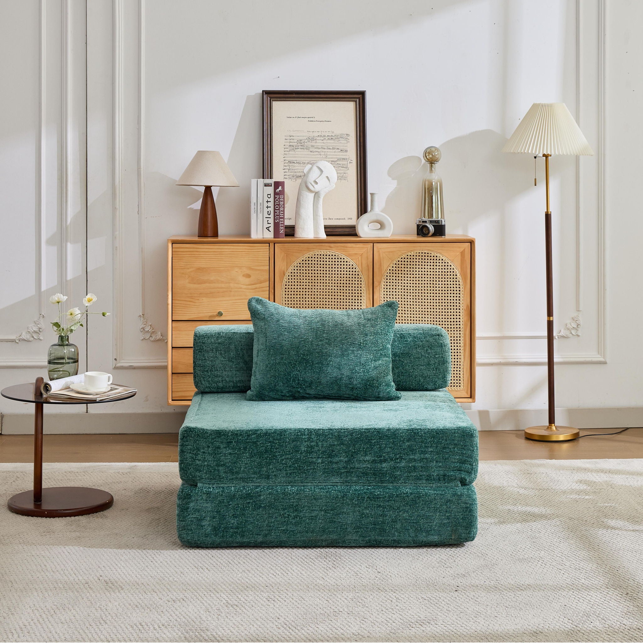 Convertible Floor Sofa Bed With Fixed Shape Frame For Living Room - Dark Green