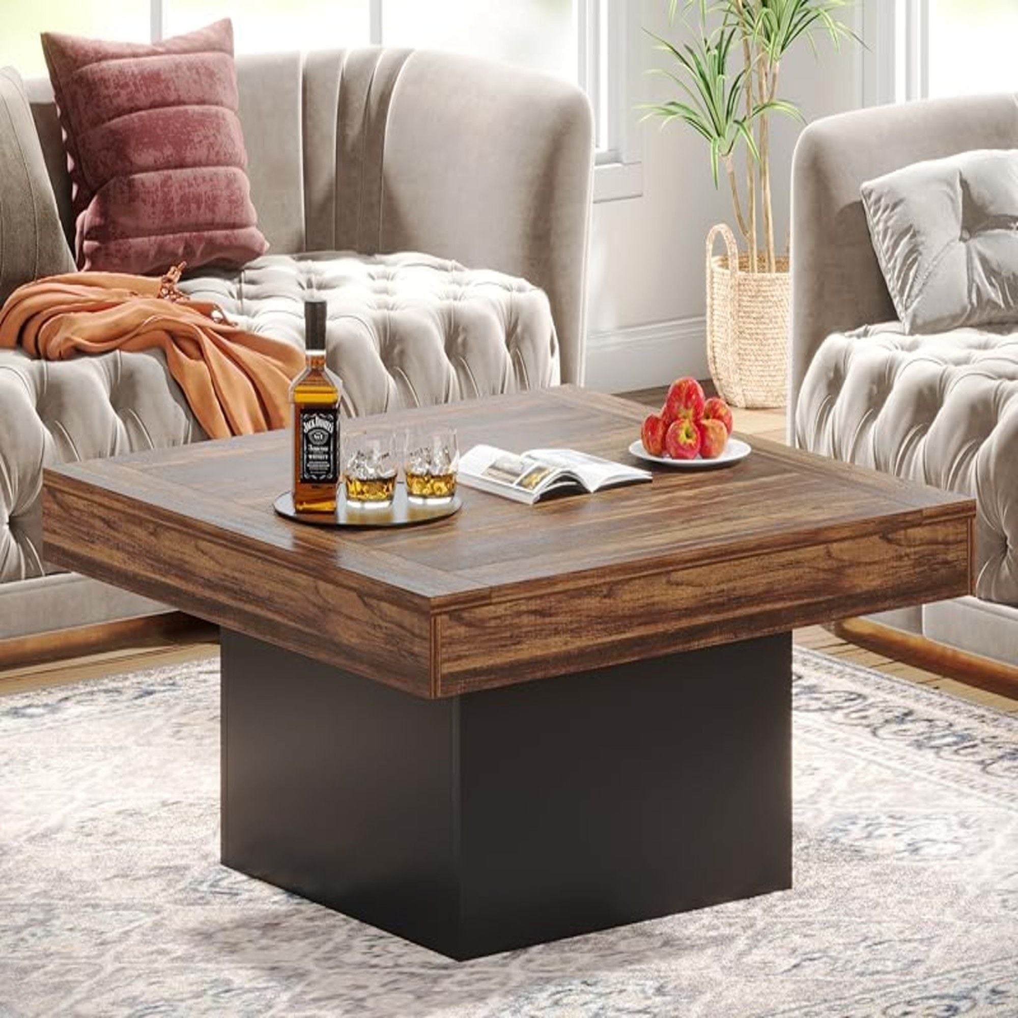 LED Coffee Table With Base, Center Table For Living Room - Rustic Brown