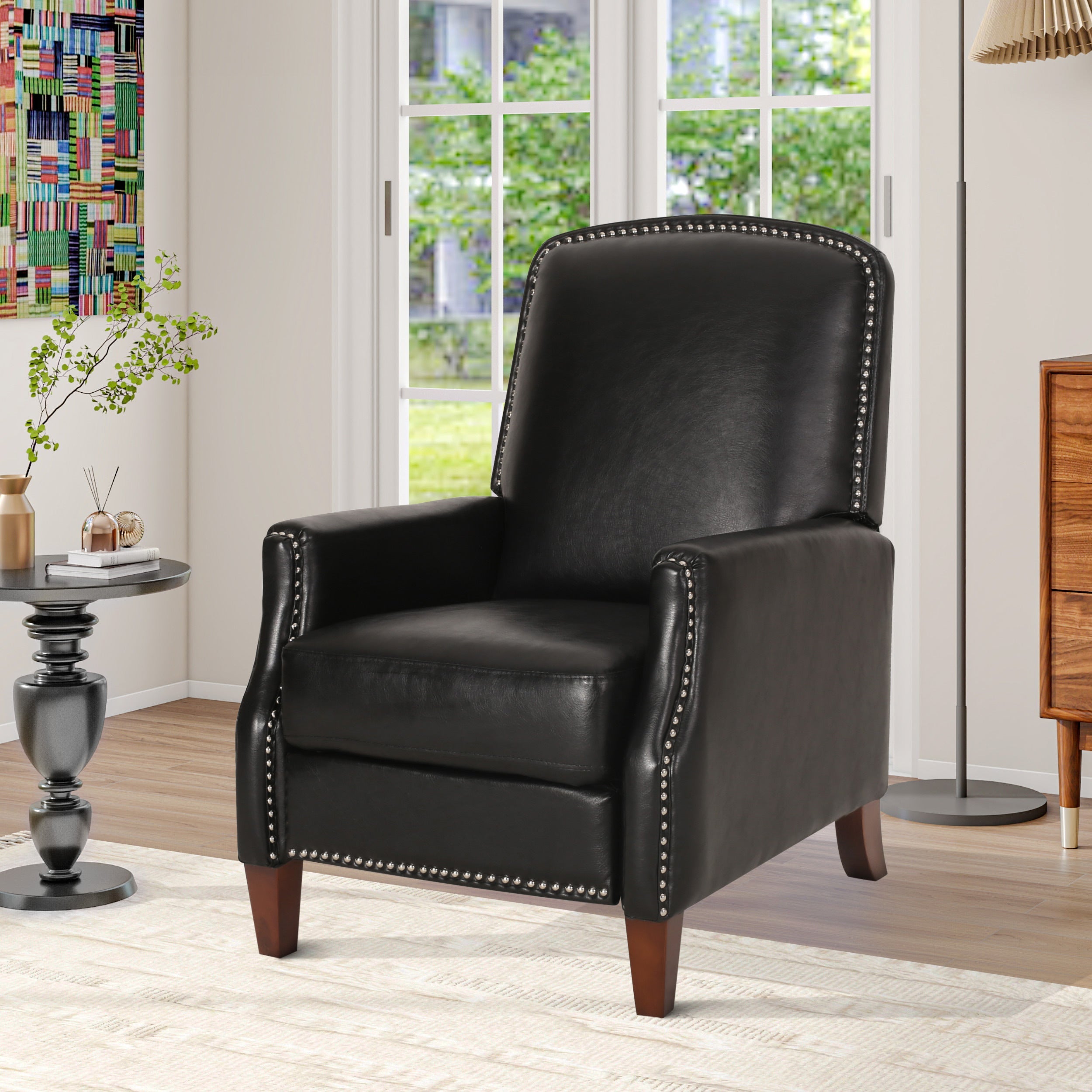 Elegant Black PU Leather Recliner Chair with Rivets and Adjustable Footrest - Best Buy Furniture