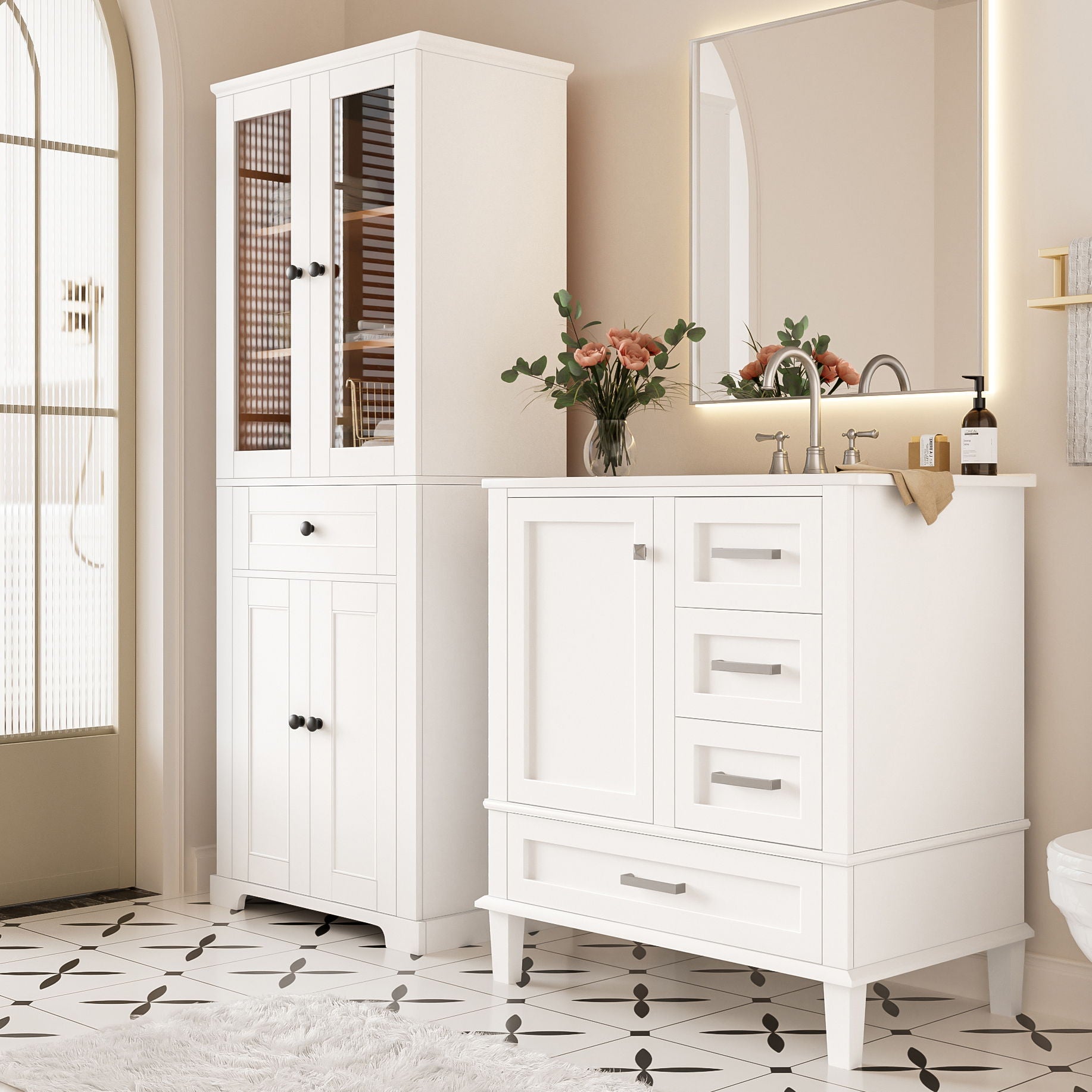 Bathroom Vanity & Tall Storage Cabinet Set With Doors, Adjustable Shelves, Soft Close Hinges, Sink