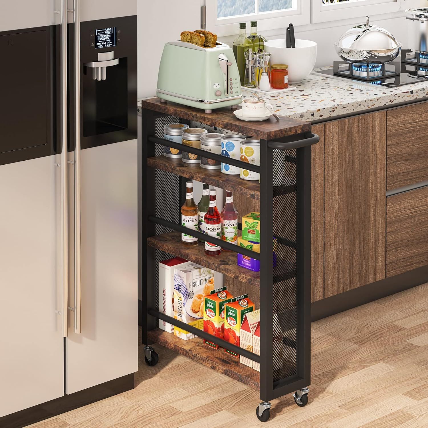 Slim 4 Tier Rolling Utility Cart With Wheels, Narrow Kitchen Storage Trolley - Brown / Black