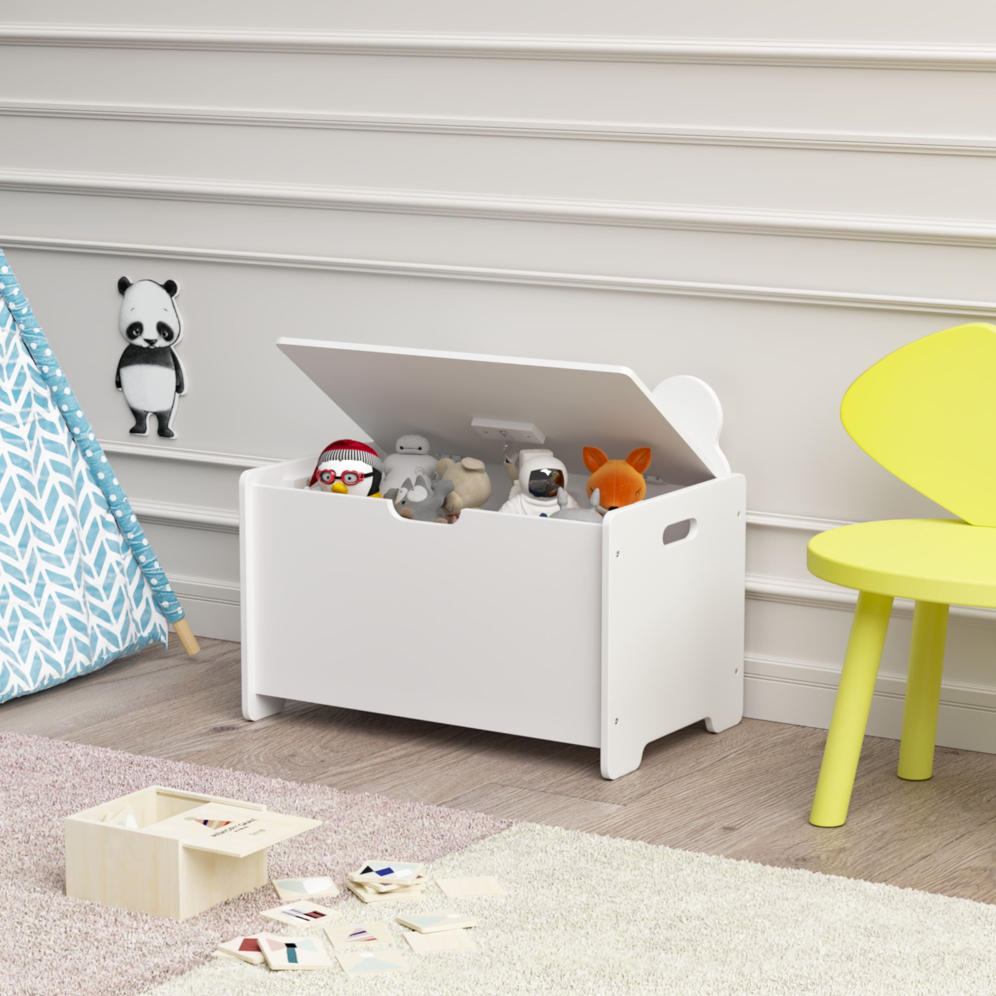 Toy Box With Bear Headboard, Organizer Storage Chest - White