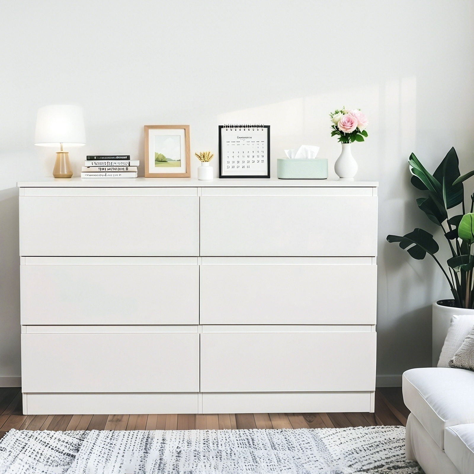 Modern 6 Drawer Dresser With Spacious Countertop And Concealed Handles, Storage Cabinet For Bedroom And Living Room - White