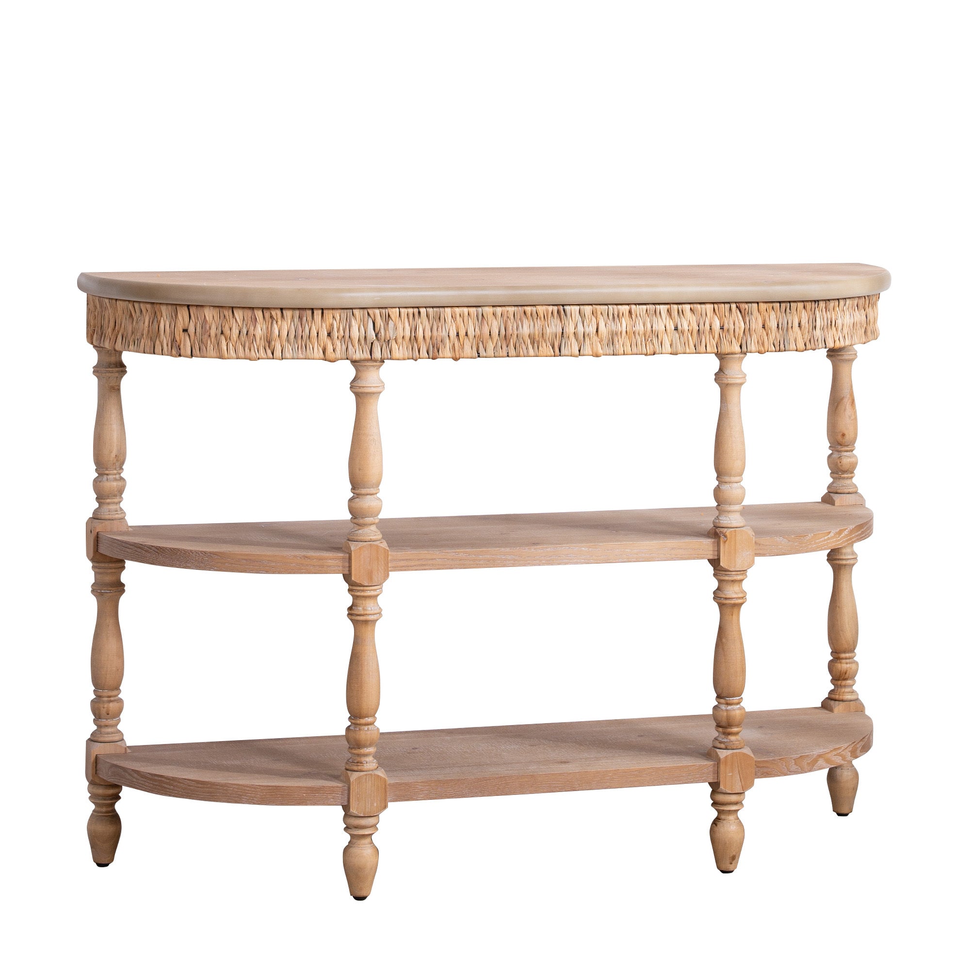 Handcrafted Wood Console Table with Hand-Woven Trim, 3-Tier Storage Shelves, Oval Entryway Table with Carved Legs, Rustic Coastal Farmhouse Accent Table, 49' Hallway Sofa Table