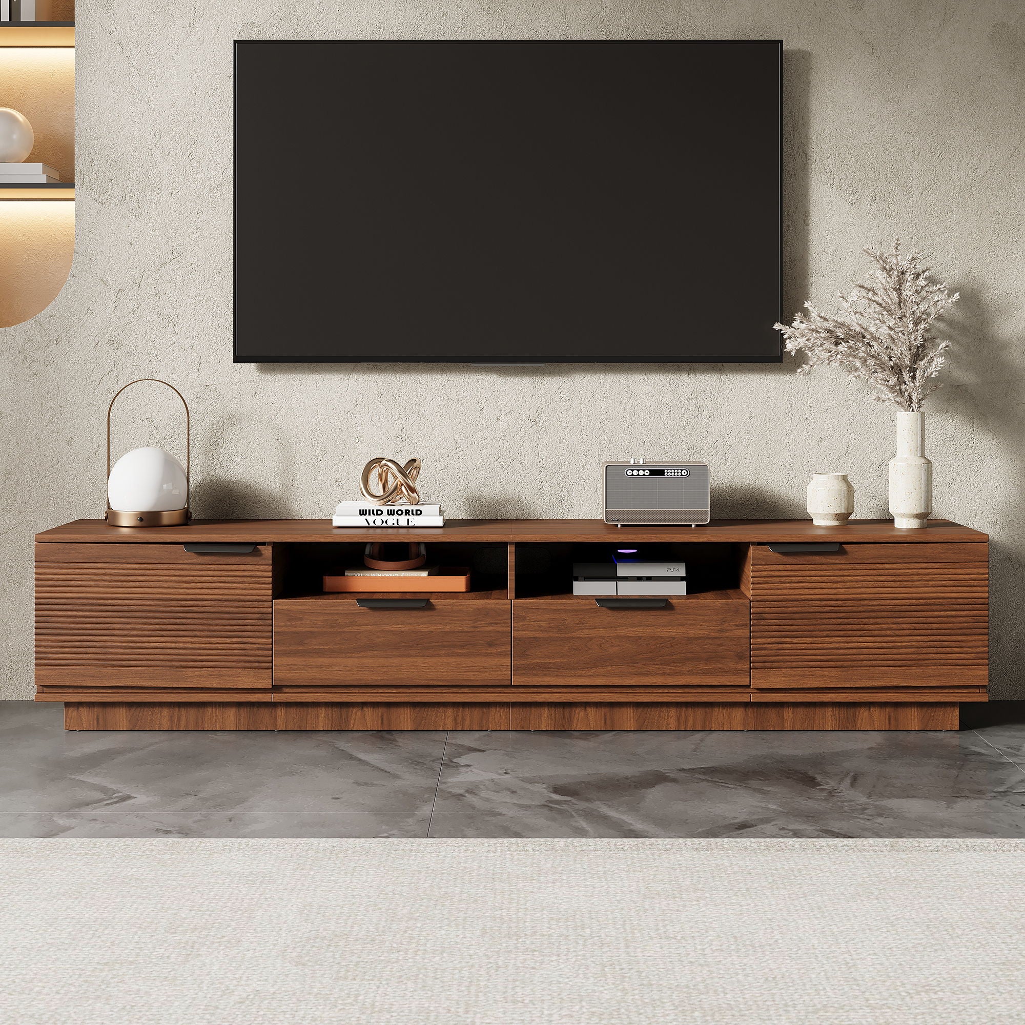 TV Stand, Entertainment Center With Deep Drawers, Cable Management & Soft Closing Hinges