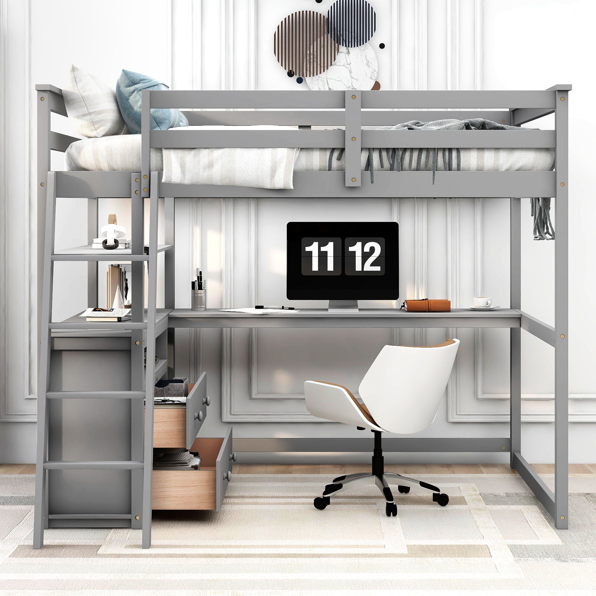 Modern Loft Bed With Built In Desk, Shelves, And 2 Drawers