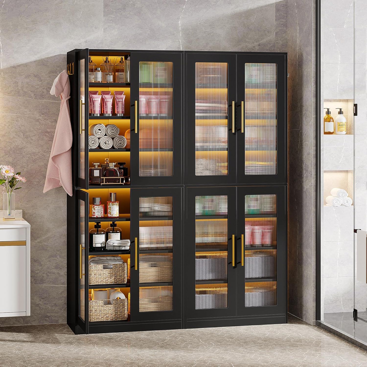 Bookcase With Doors And LED Lighting, 8 Adjustable Shelves Storage Cabinet