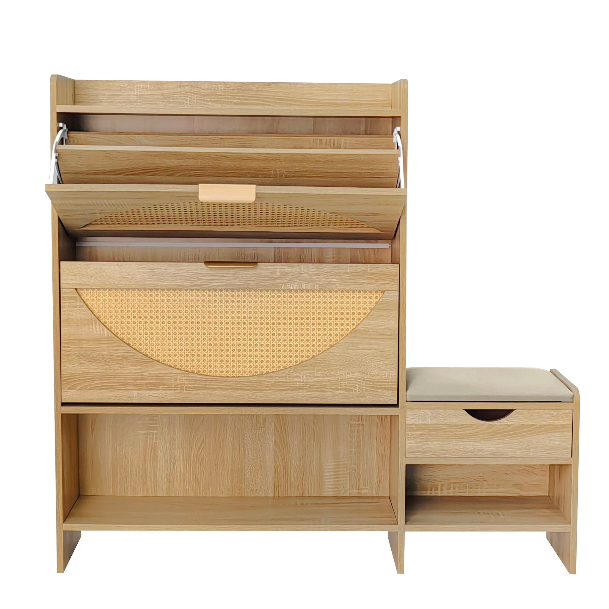 Shoe Storage Cabinet Rattan Shoe Storage Organizer With 2 Flip Drawers, A Storage Drawer And A Bench For Entryway, And Hallway - Light Brown