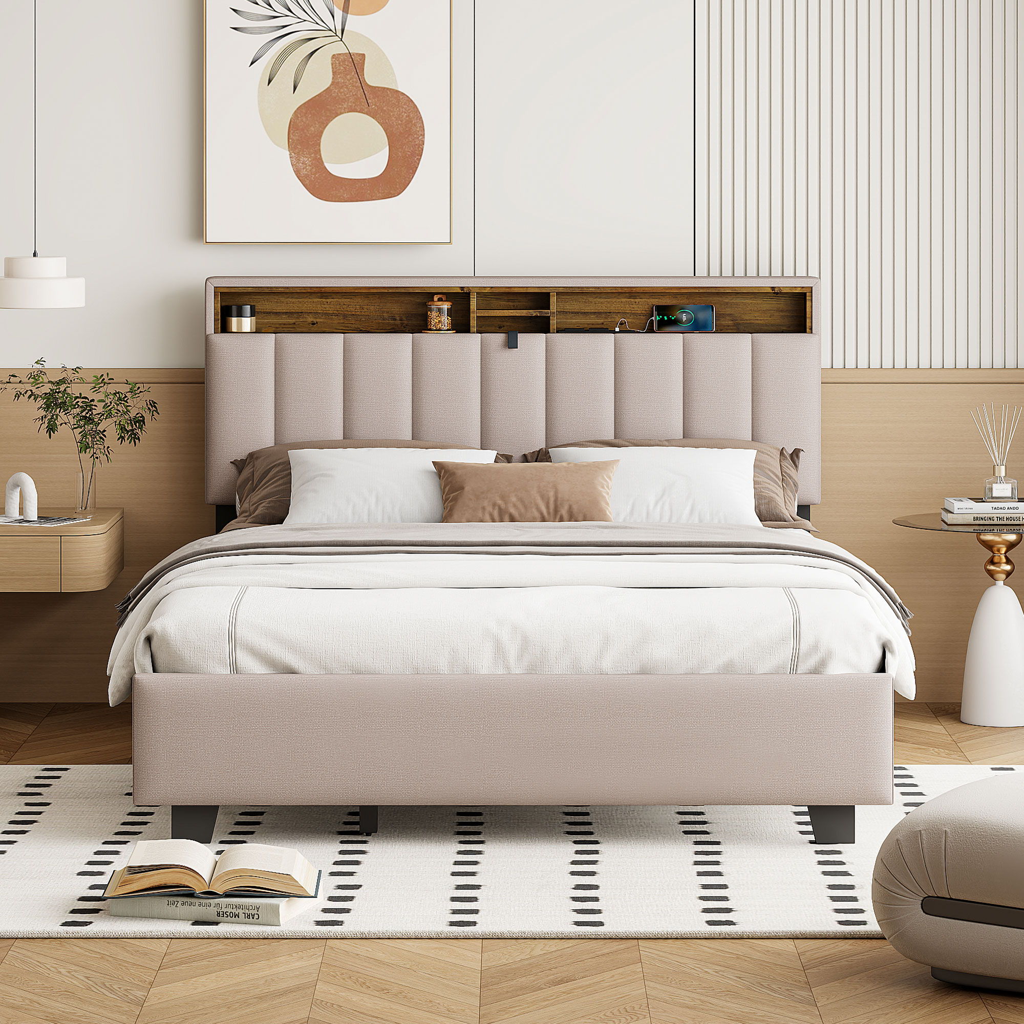 Upholstered Platform Bed With Storage Headboard, Trundle & 2 Drawers And A Set Of Sockets & USB Ports