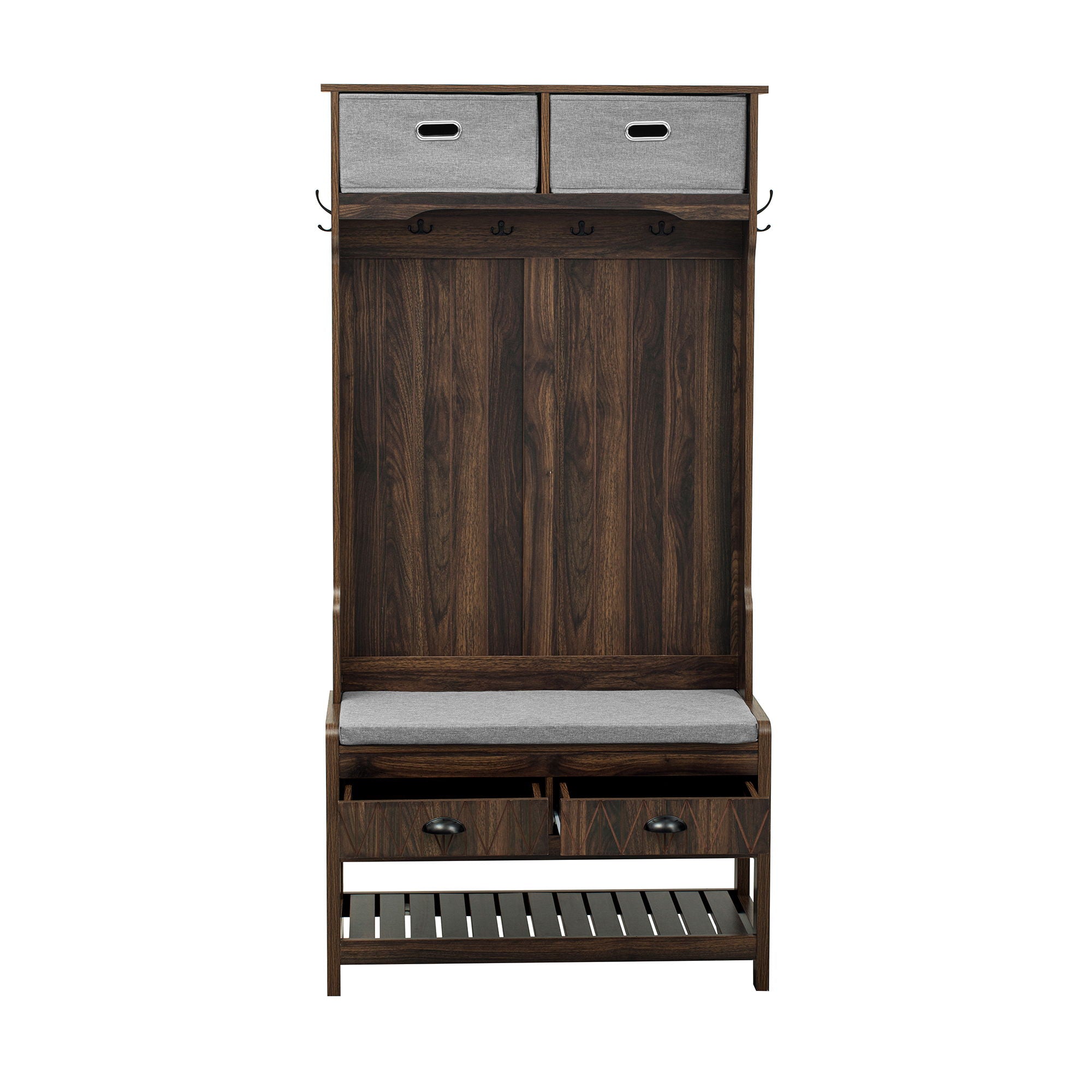 Hall Tree With 6 Hooks And Hinged Lid, Coat Hanger, Storage Bench, 3 In 1 Design