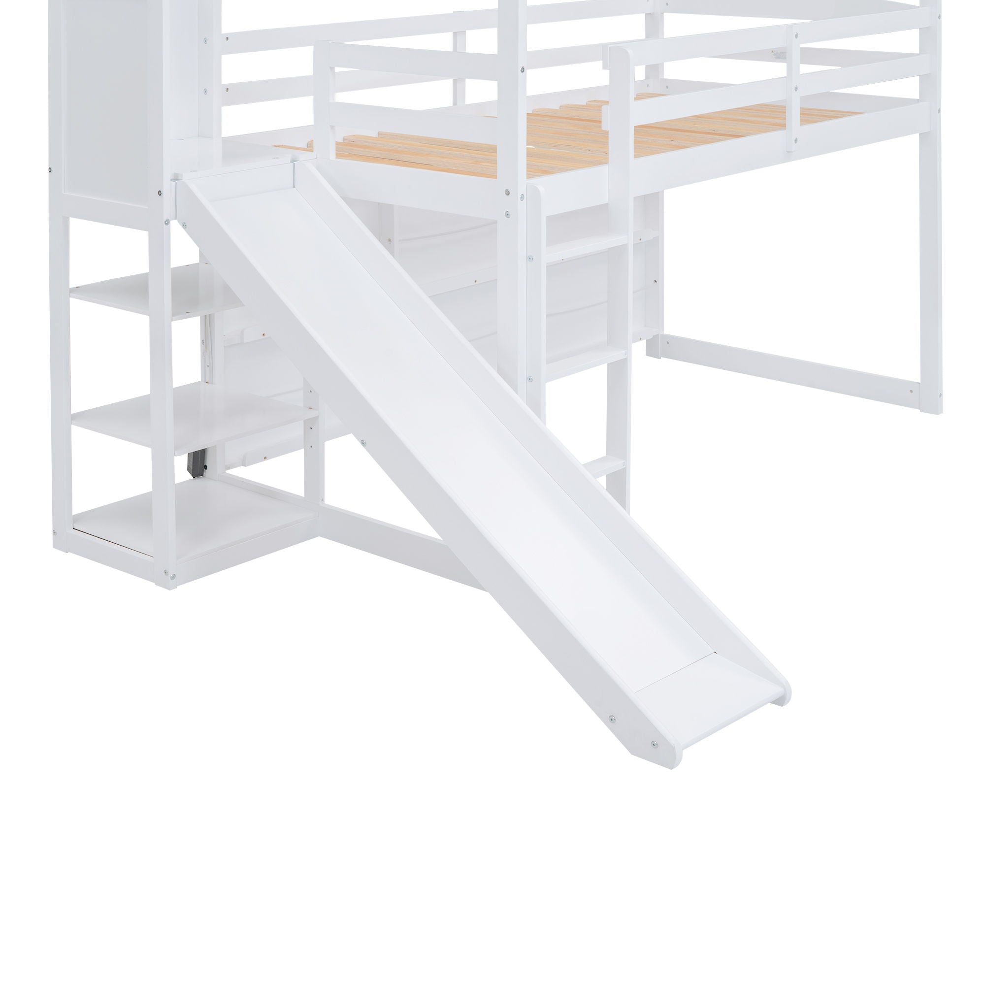 House Loft Bed With Slide, Storage Shelves And Light, Climbing Ramp