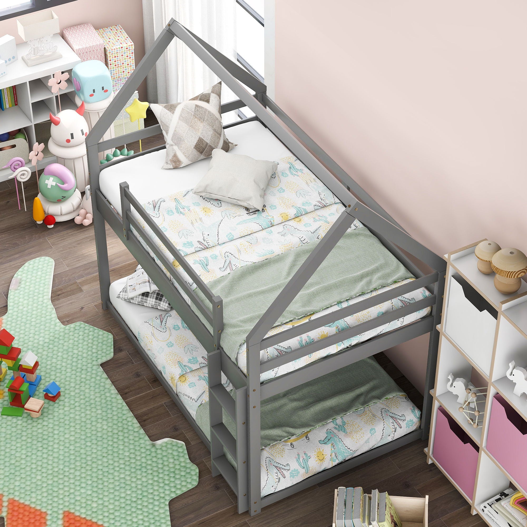 Low Bunk Bed With House Shaped Frame And Ladder