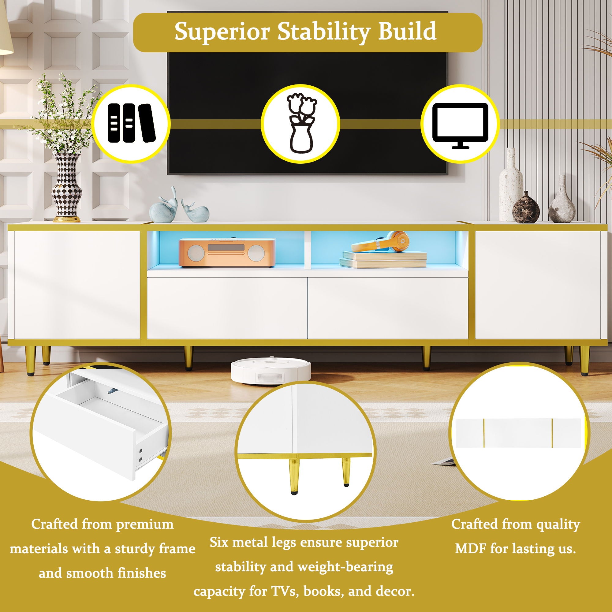 TV Stand For TVs Up To 80", Entertainment Center With 2 Shelves And LED Lights