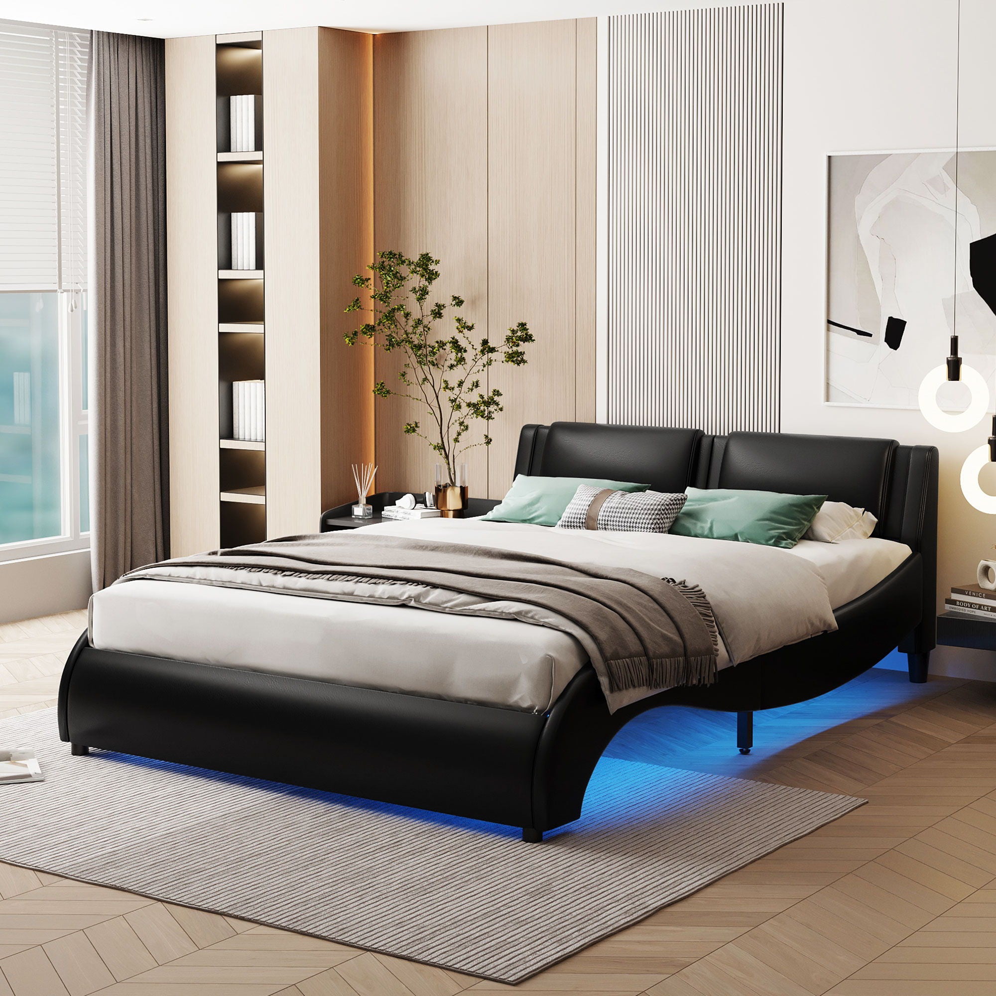 Upholstered Platform Bed With LED Light, Frame Slatted