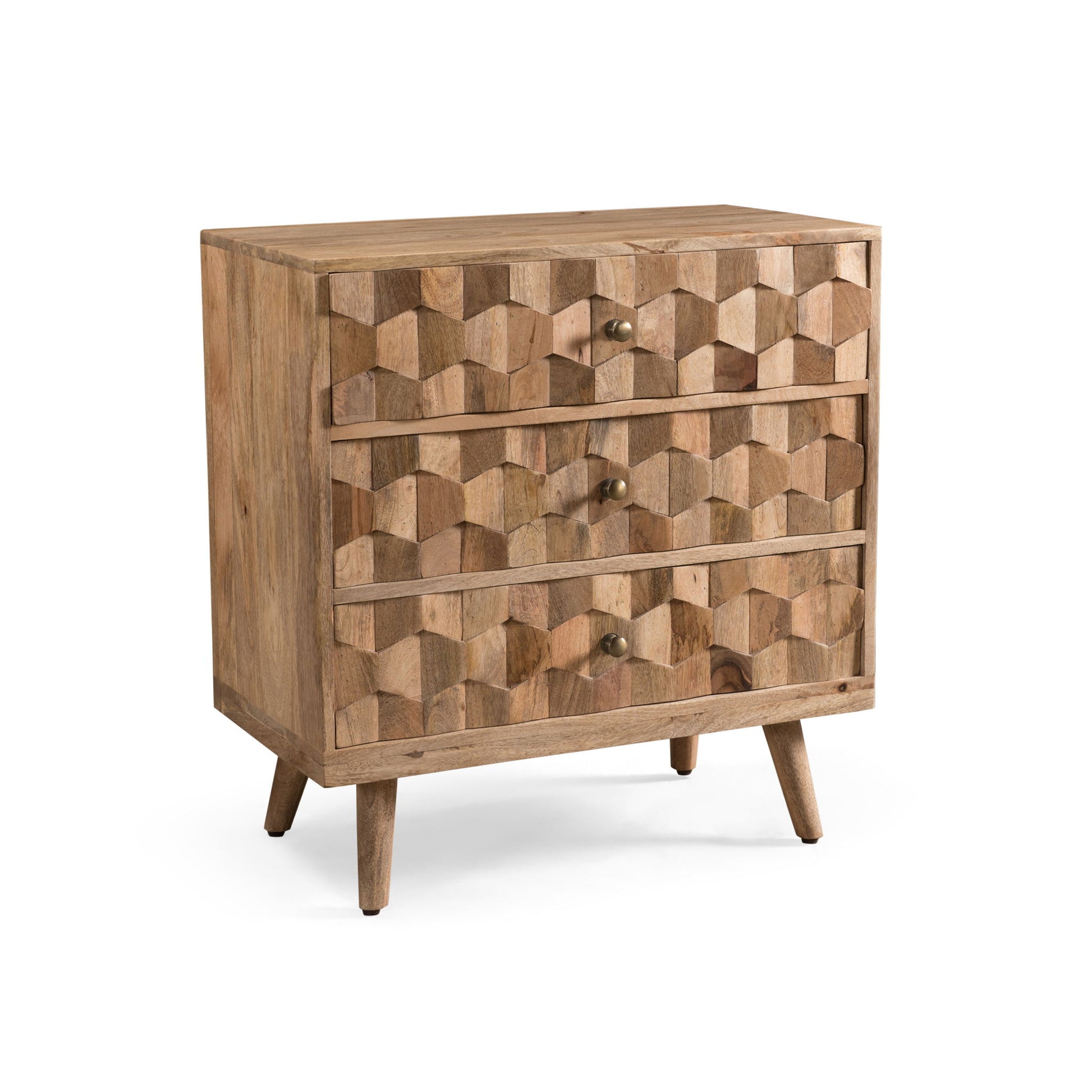 Mid Century Modern Mango Wood 3 Drawer Chest With 3D Tile Weave Design - Natural - Best Buy Furniture