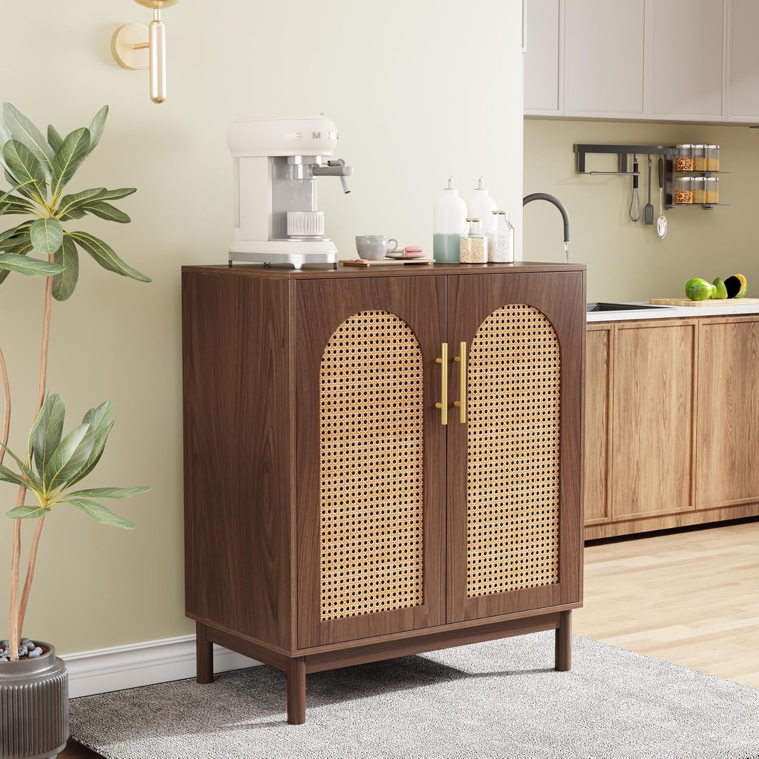 Sideboard Buffet Cabinet With Handwoven Rattan Doors (Set of 2) - Dark Brown