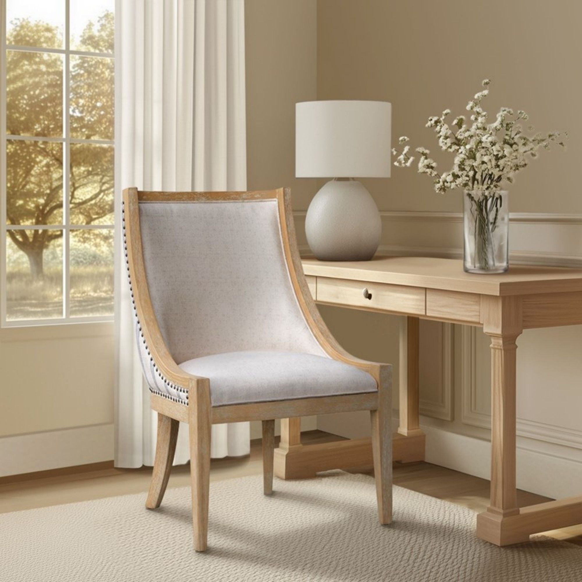 Upholstered Dining Chair With Nailhead Trim - Beige / Natural