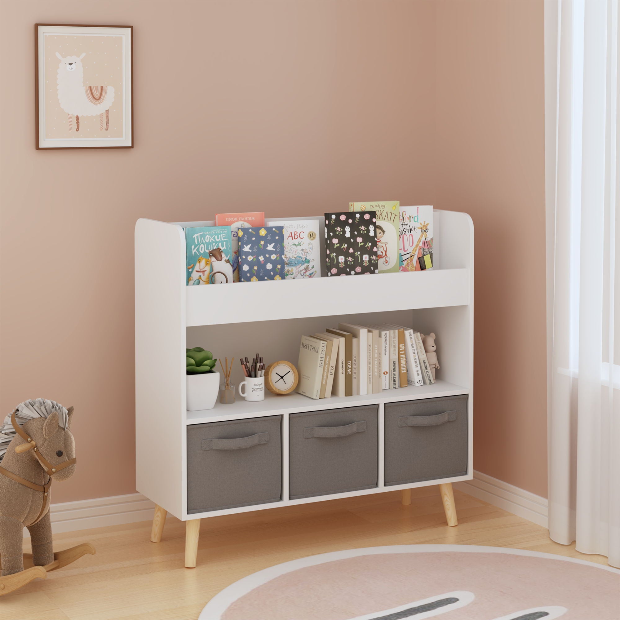 Bookshelf With 3 Bins, Storage Shelf For Toys And Books - White