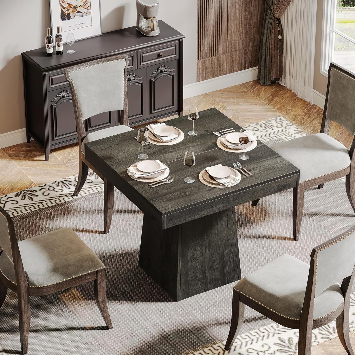 Square Dining Table For 4 With Thick Grain Top And Sturdy Pedestal Base - Gray