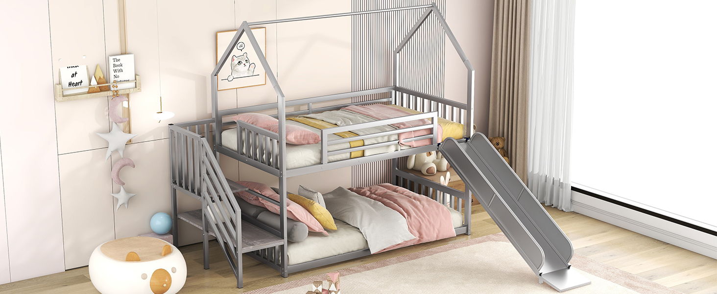 Twin Over Twin Metal Bunk Bed House Bed With Slide And Staircase