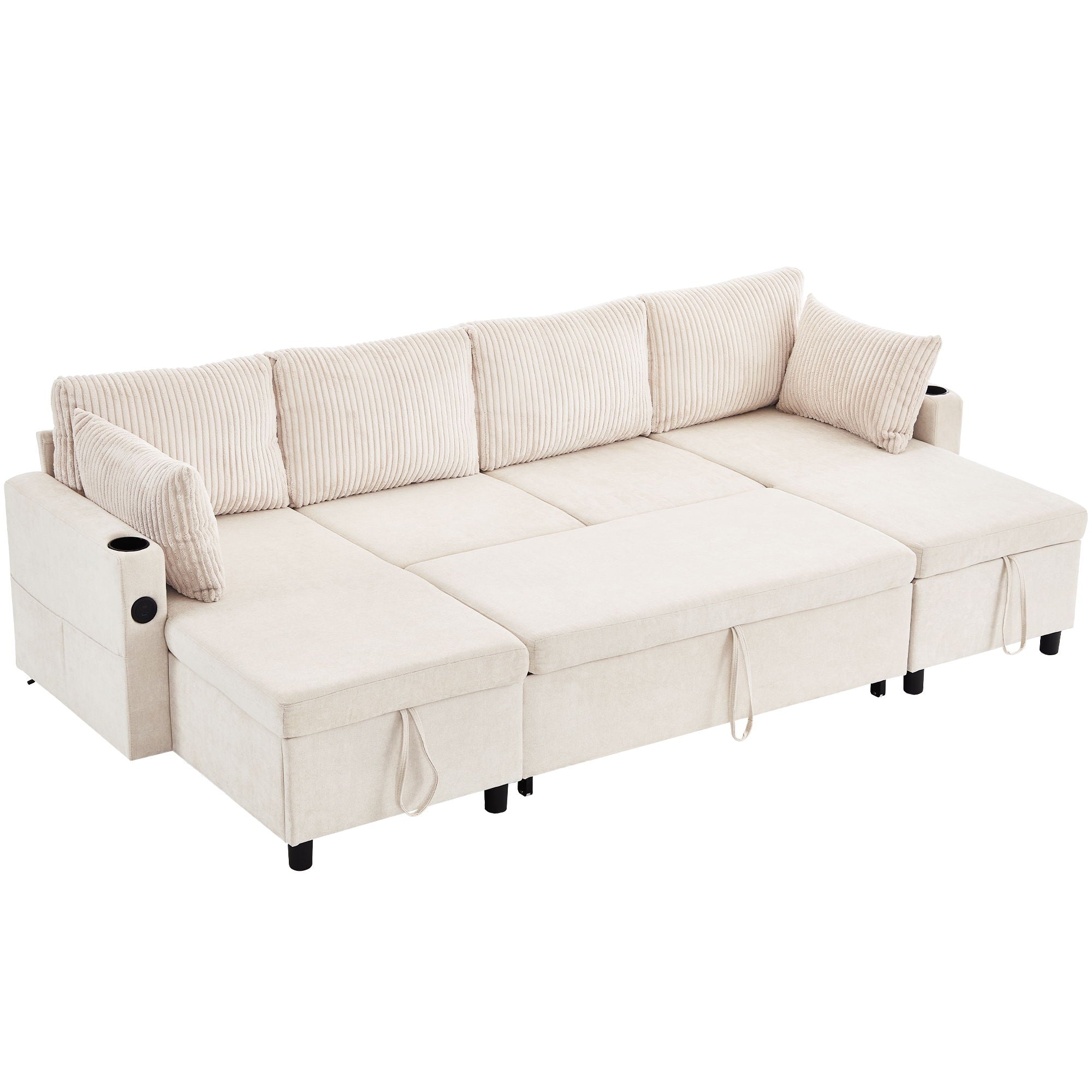 Sectional Sofa Bed With Pull Out Sleeper, USB Ports, Cup Holders