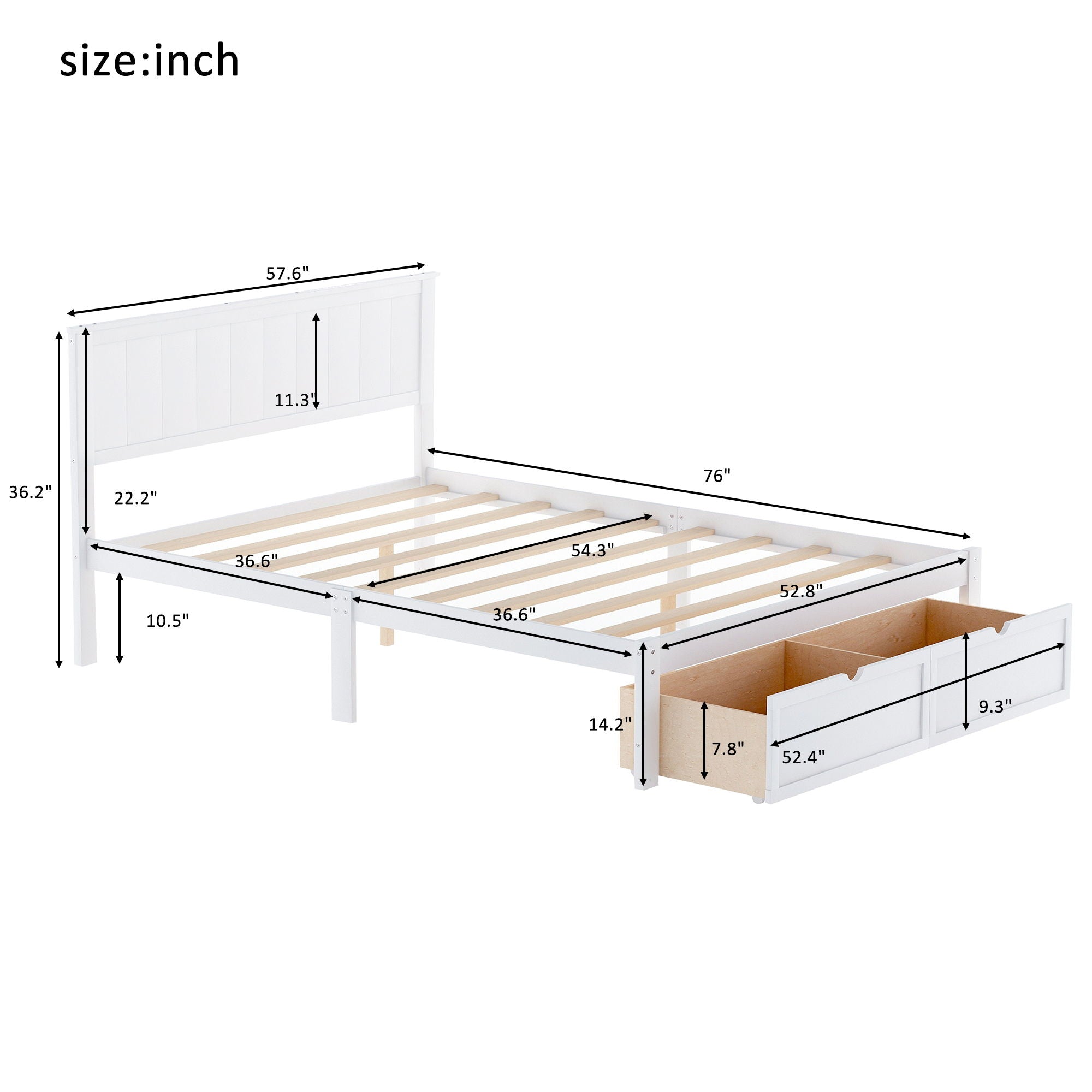 Full Size Platform Bed With Under Bed Drawers - White