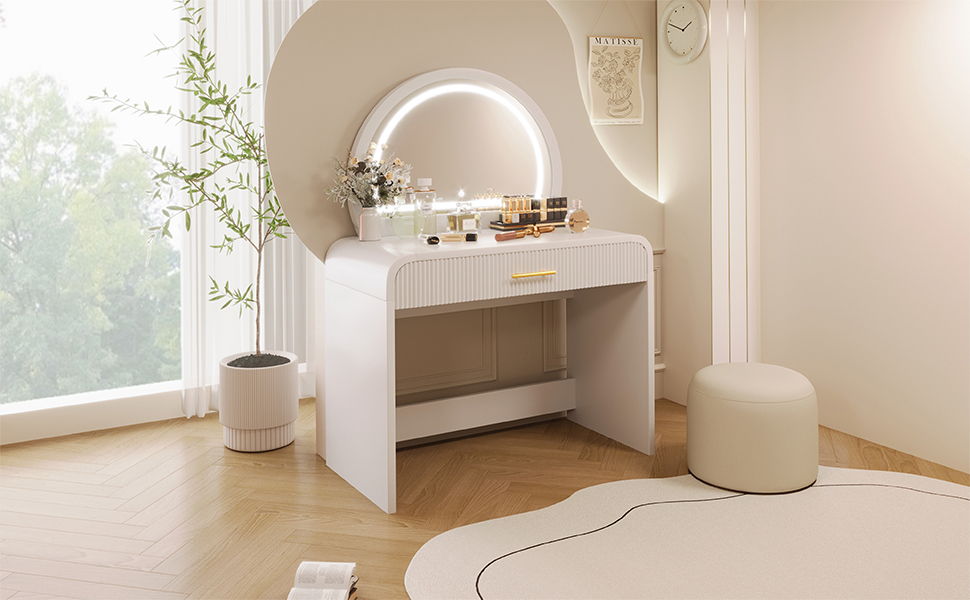 Makeup Vanity Table With Mirror Touch Screen Lighted Mirror, Dressing Table With Drawer For Bedroom - White - Best Buy Furniture
