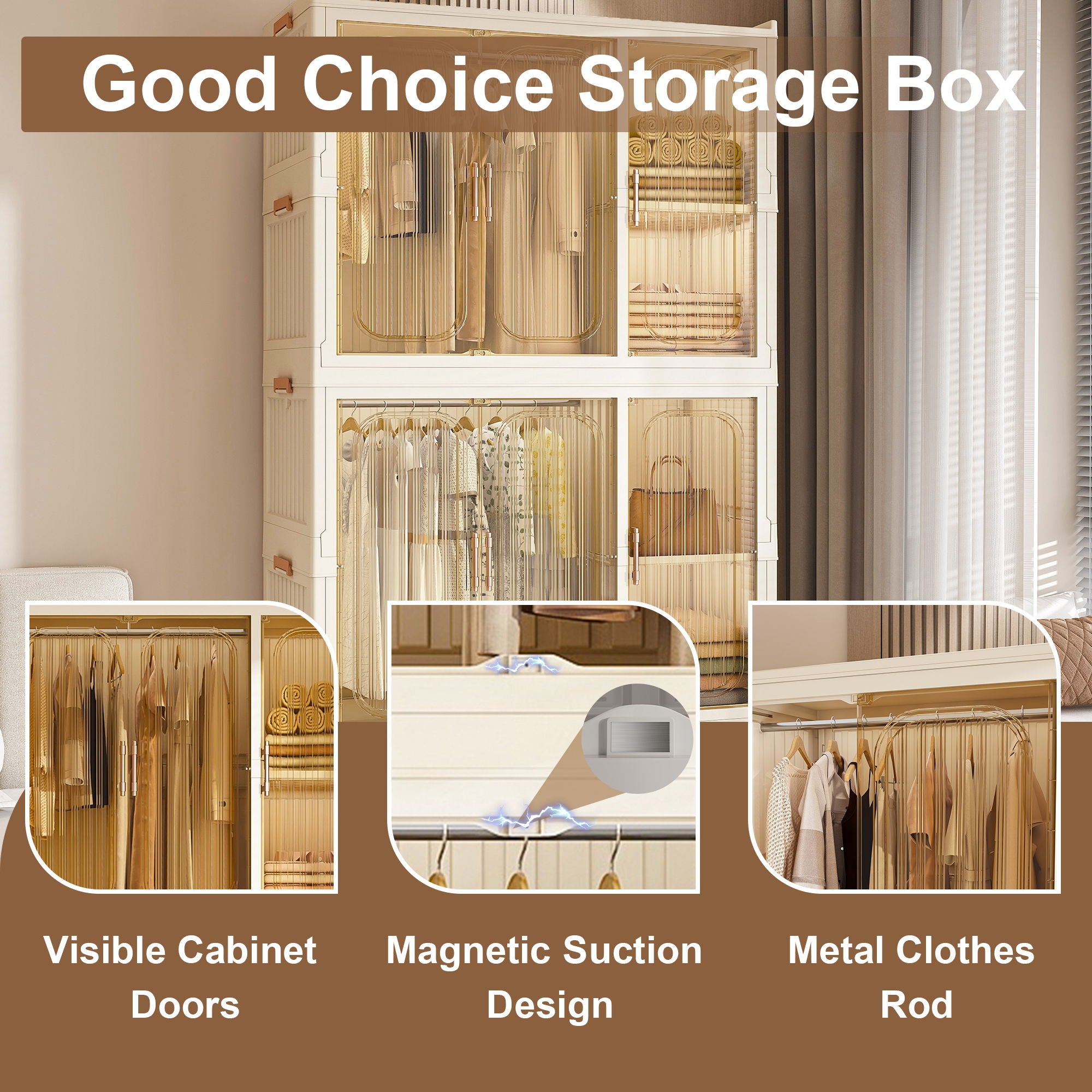Portable Wardrobe Closet Storage Organizer For Clothes, 9 Magnetic Doors With 9 Cubes & 2 Hanging Rods, 6 Hangers - Cream White