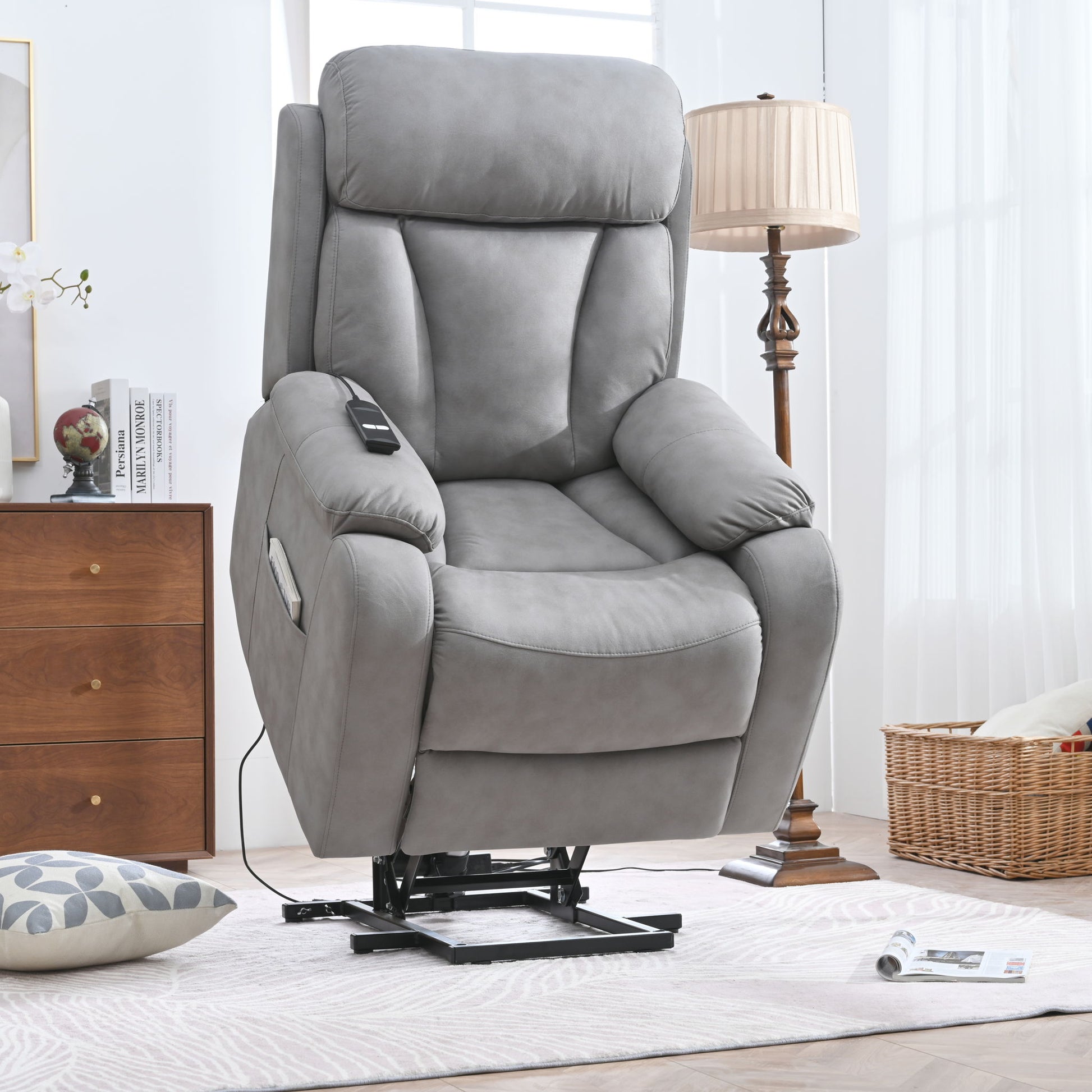 Electric Power Lift Recliner Chair, Fabric Recliner Chair, Home Theater Seating, Living Room Chair, Side Pocket, Remote Control - Light Gray - Best Buy Furniture
