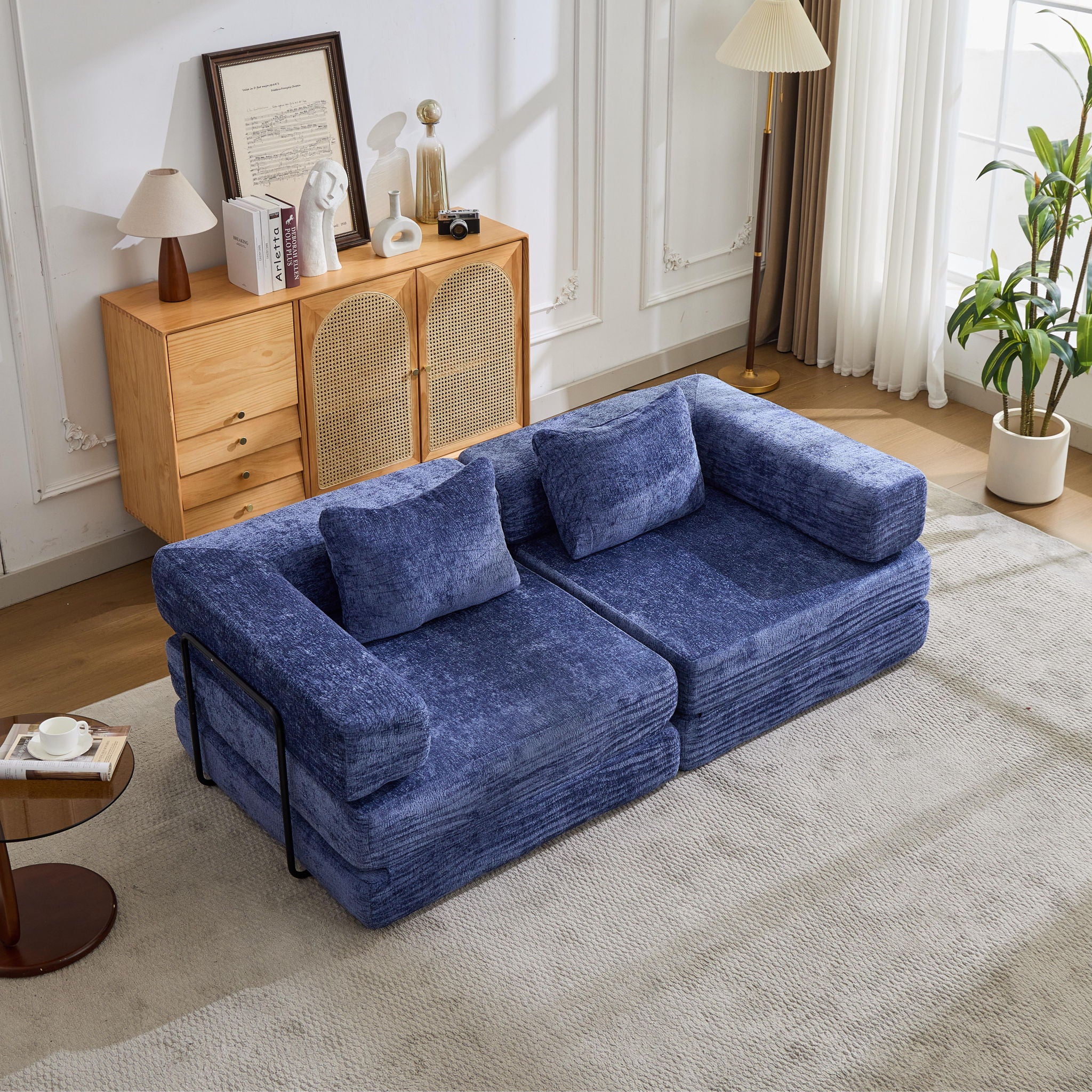 Convertible Floor Sofa Bed With Fixed Shape Frame, Loveseats Boneless Modular Sectional, For Living Room - Dark Blue