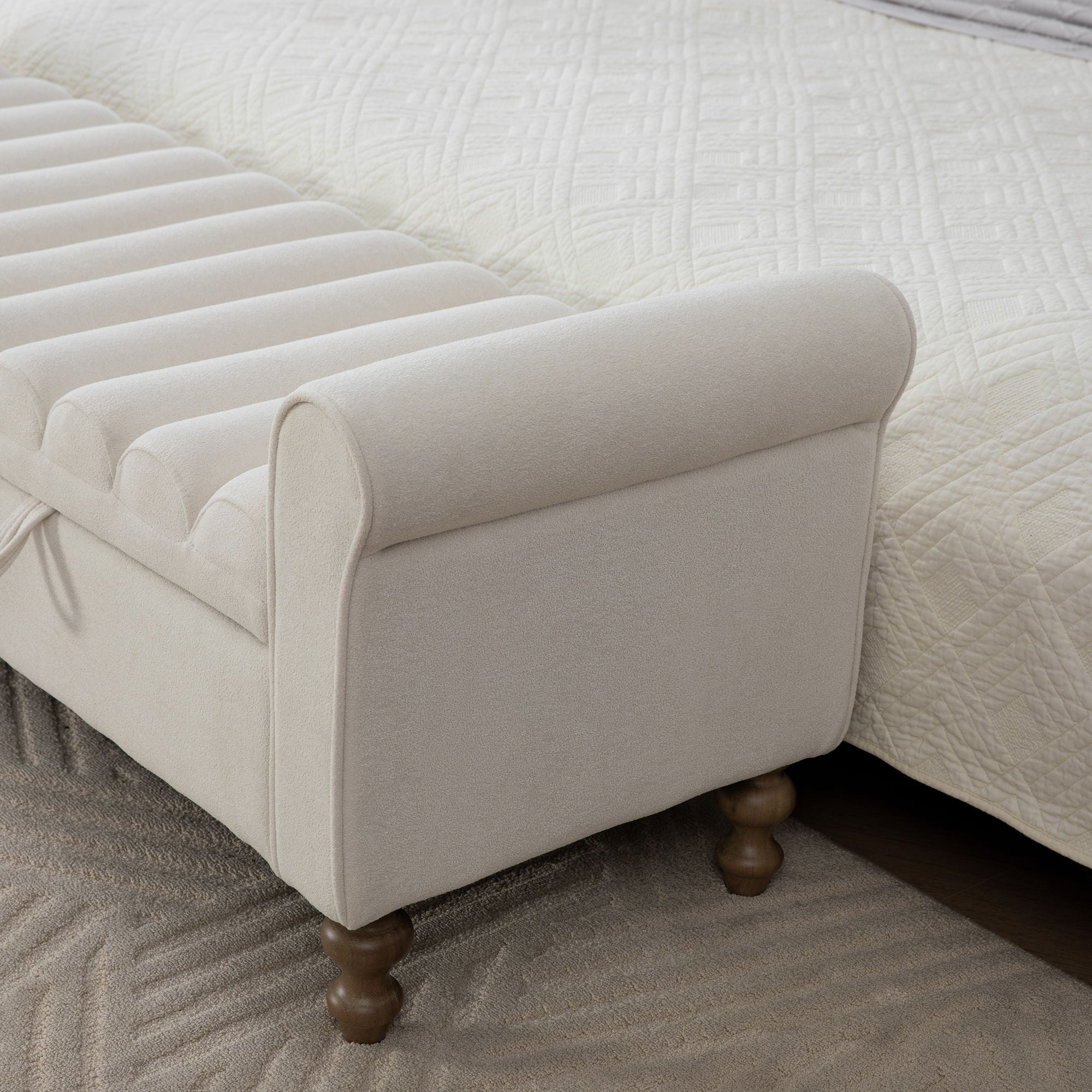 Wide Modern Upholstered Storage Bench With Rolled Armrest