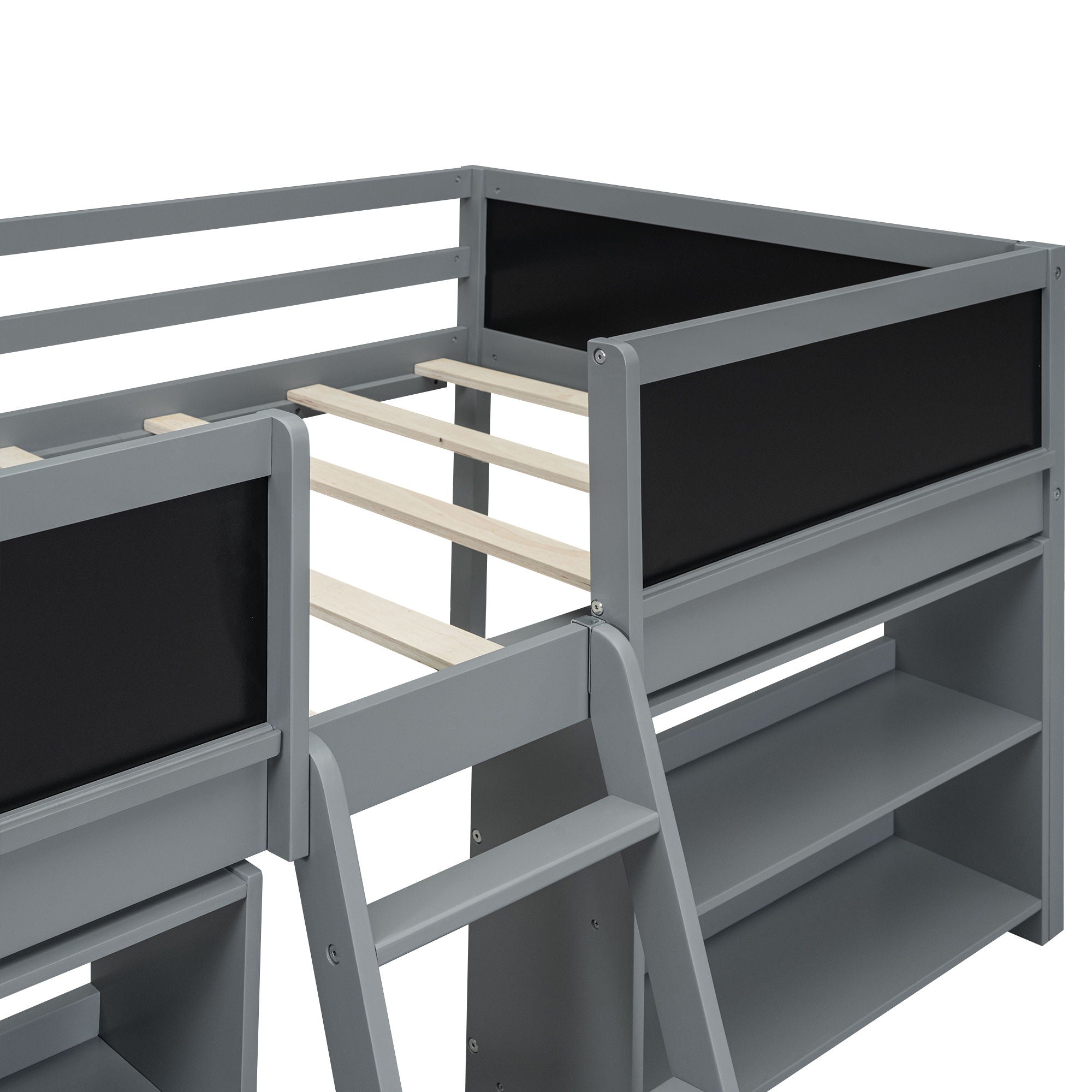 Low Loft Bed With Movable Shelves And Ladder, Decorative Chalkboard Guardrail