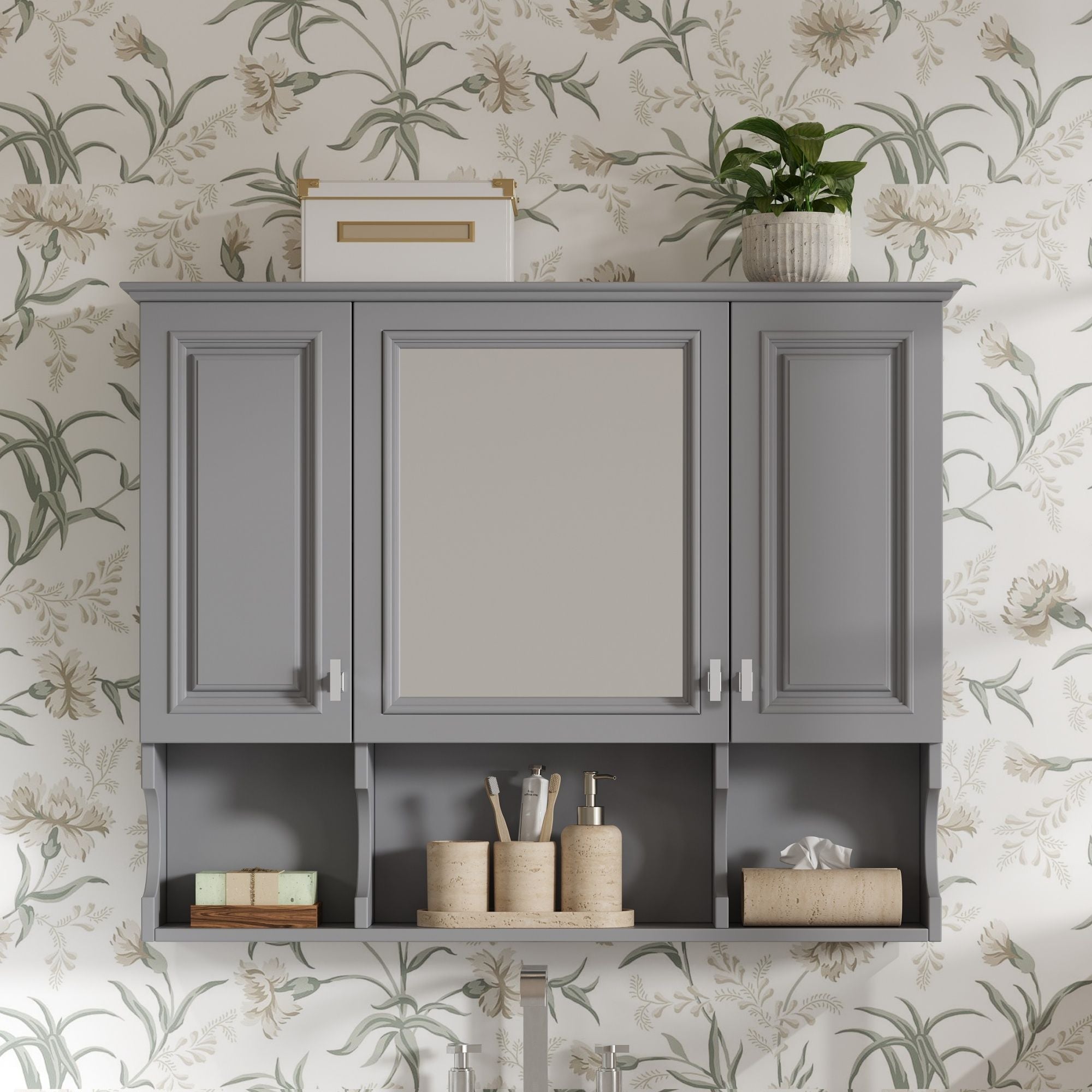 Wall Mounted Bathroom Medicine Wall Cabinet With Mirror & Open Shelves