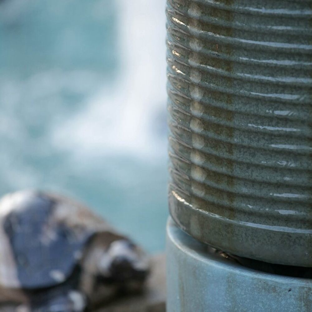 Large Modern Cylinder Ribbed Tower Water Fountain, Contemporary Outdoor Bird Bath