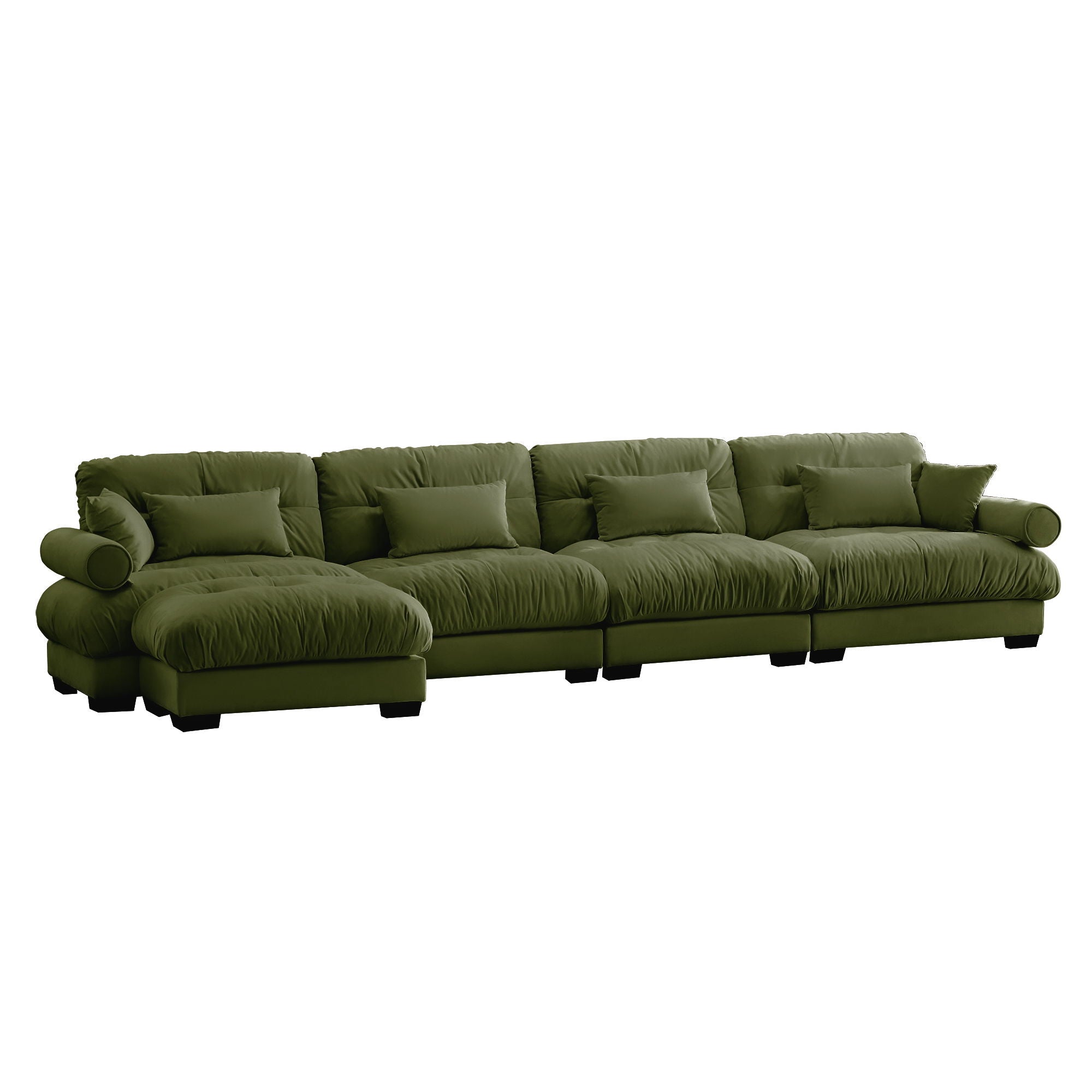 Modern Sectional Sofa With Ottoman, Round Bolster Armrests, Waist And Throw Pillows